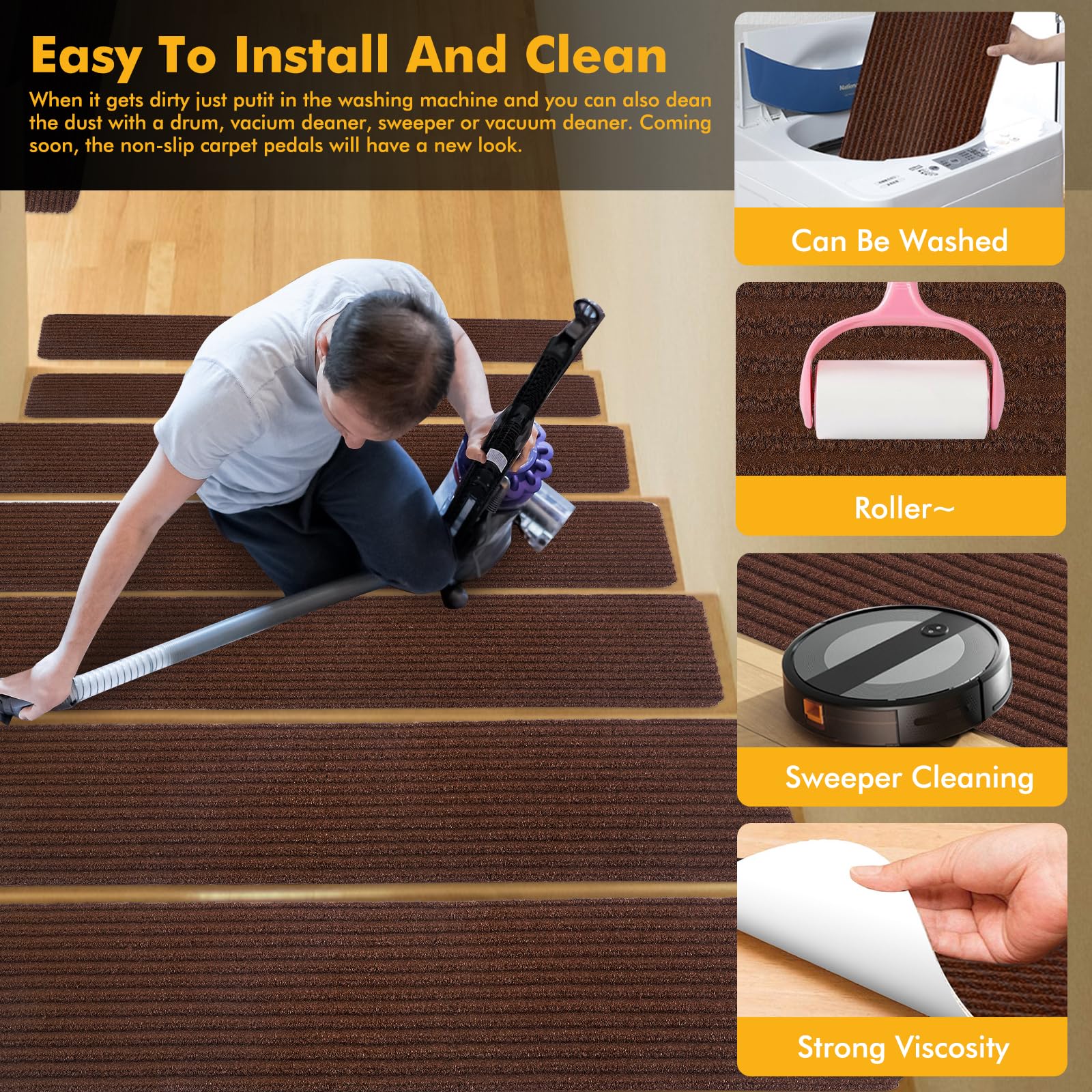 Tappeti Per Scale Antiscivolo - 15 Pezzi 76x20 Cm - Marrone Con Adesivo Riutilizzabile - Sicurezza Per Bambini E Anziani - Foto 7