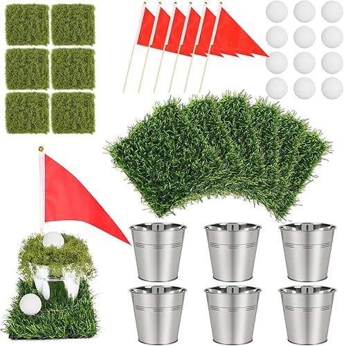 Juego de 6 centros de mesa de golf para mesas, incluye 6 cubos de hierro, tapetes de césped artificial, banderas rojas, musgo artificial, 12 mini