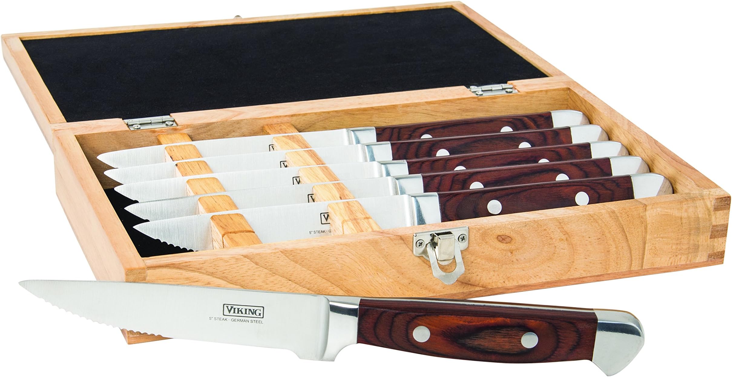 Viking Steak Knife Set, 6 Piece Stainless Steel Kitchen Knives Set with German Pakkawood Handles, Includes Wooden Gift Box, Hand Wash Only, Red