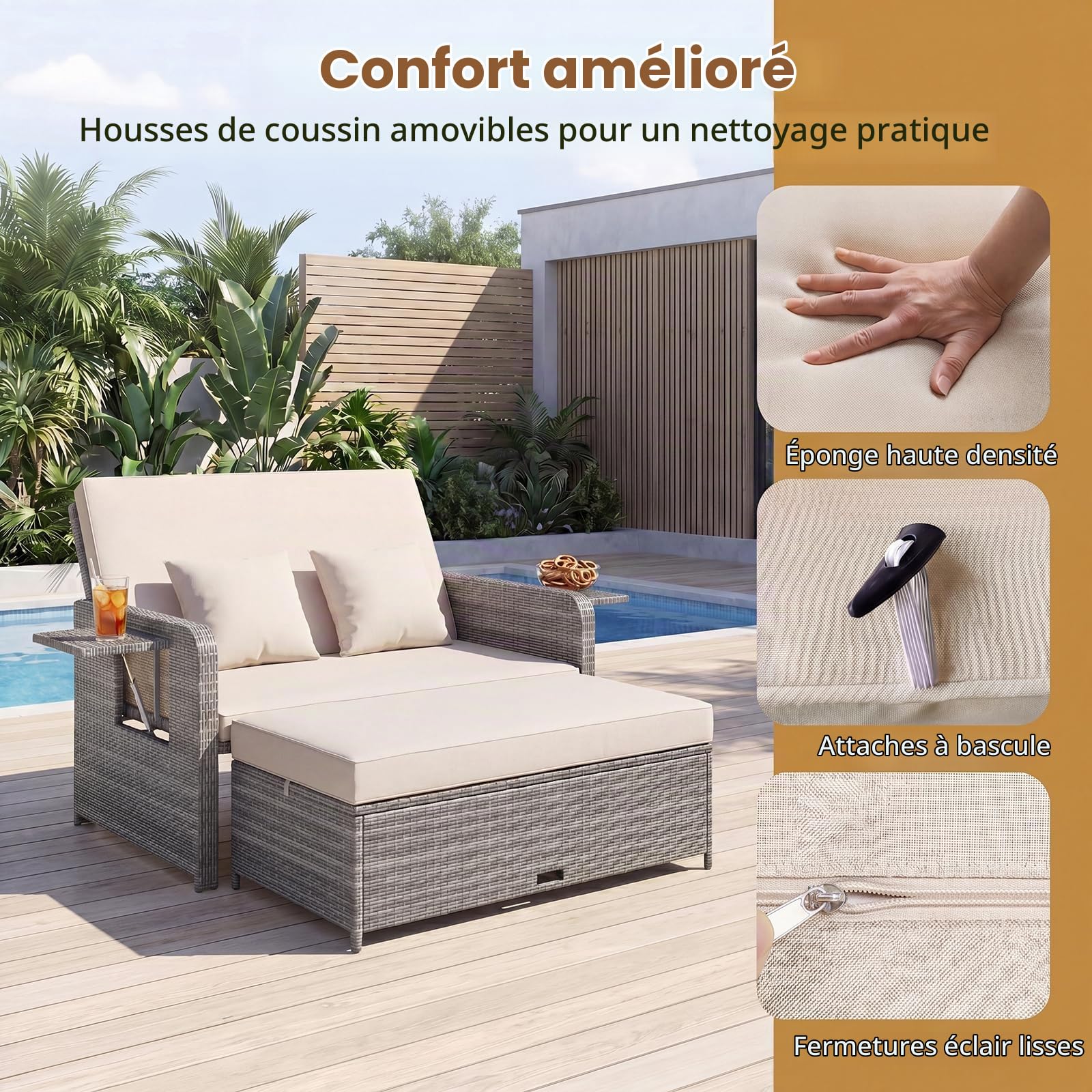 LIFEZEAL Salon de Jardin Extérieur avec Tabouret & Coussin pour 2 Personnes, Dossier Inclinable 4 Positions, Bain de Soleil Rotin PE, Table Appoint, 2 Oreillers, Charge 360 kg (Beige, Style 2)