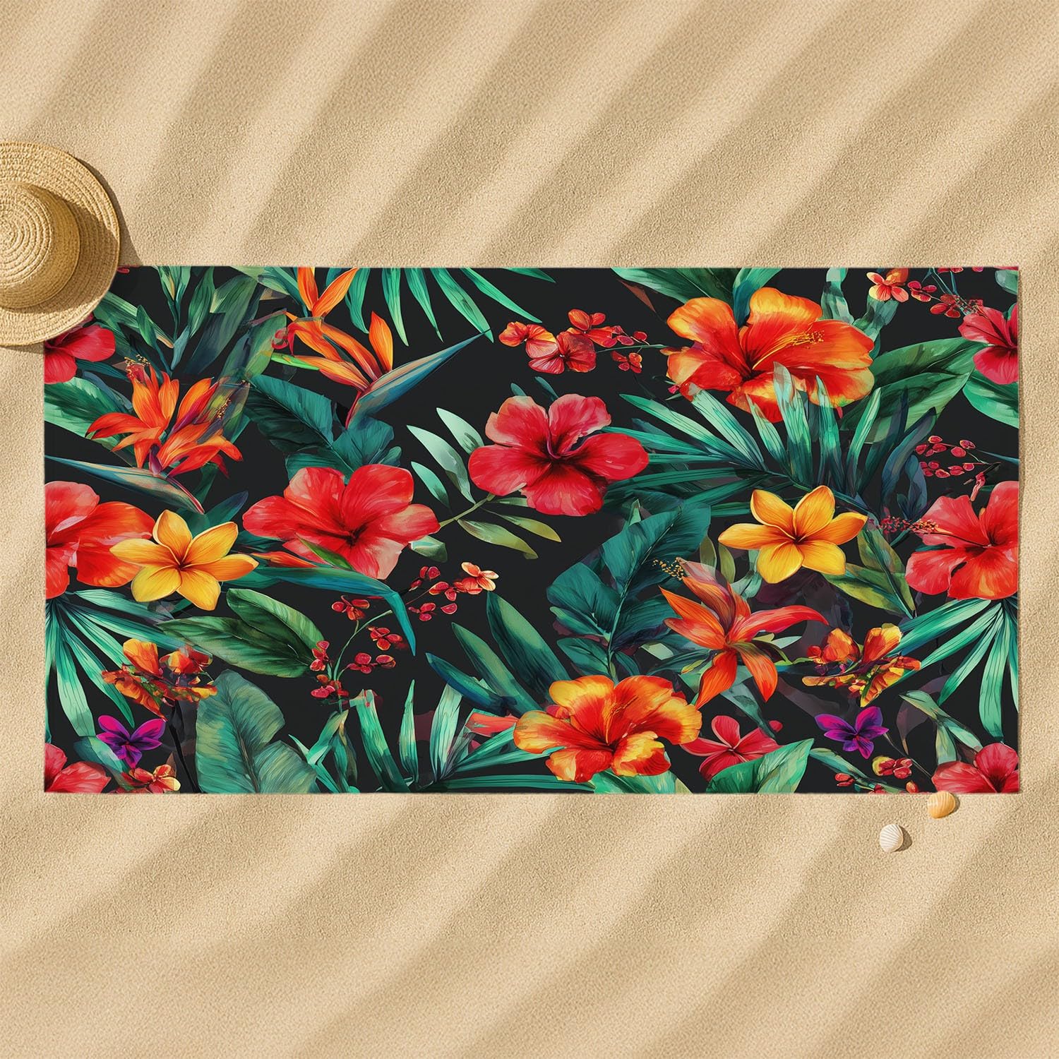 Tropische Dschungelblumen Retro Laub Strandtuch 230 x 210 cm – Saugfähiges Schnell trocknendes Strandtuch Regenwald Urlaub Reich Ornamental Botanisch für Campen, Picknick, Ausflüge