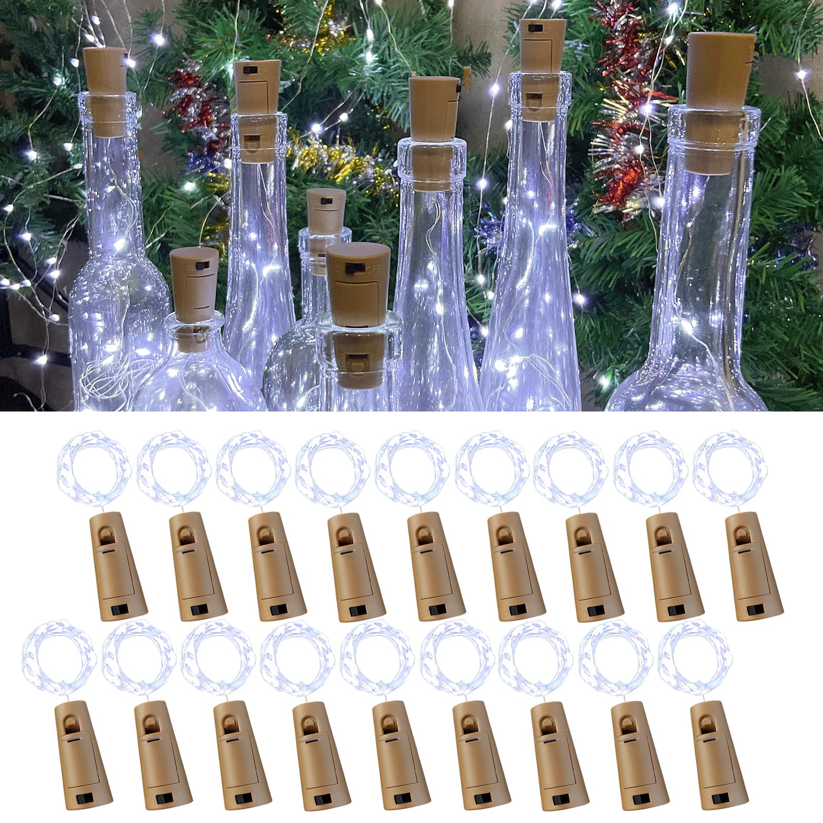 LEECOCO Led flaschenlicht,18 Stück 2m 20led Flaschenlichterkette korken， Fee lichterkette flaschenkorken für Weihnachten,Party, Hochzeit (18 Stück Kaltweiß)