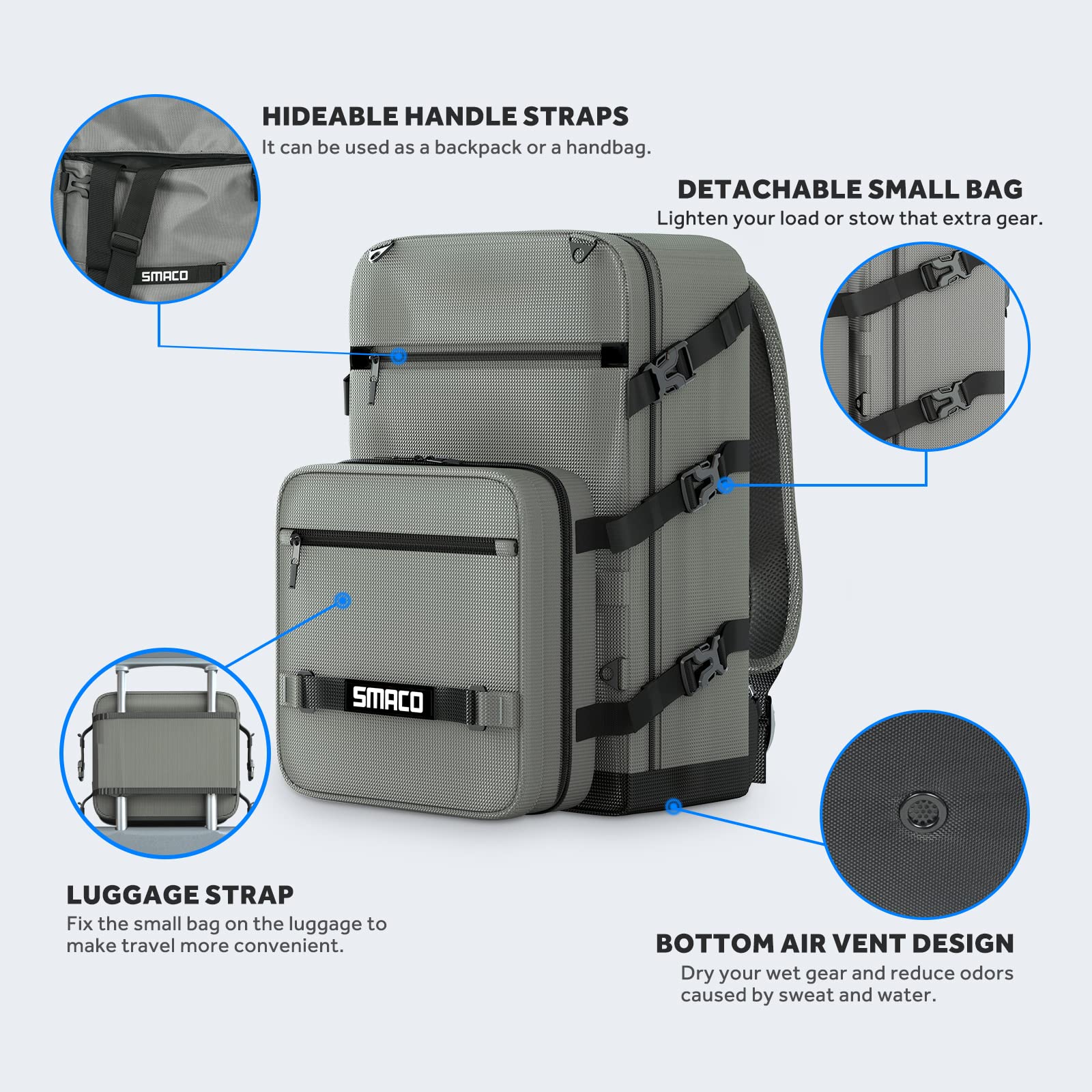 SMACO Mochila de buceo con bolsa pequeña desmontable, mochila de viaje para buceo, bolsa de buceo en seco para mini botellas de buceo, máscara de buceo, snorkel, aletas y más, gris, Portátil