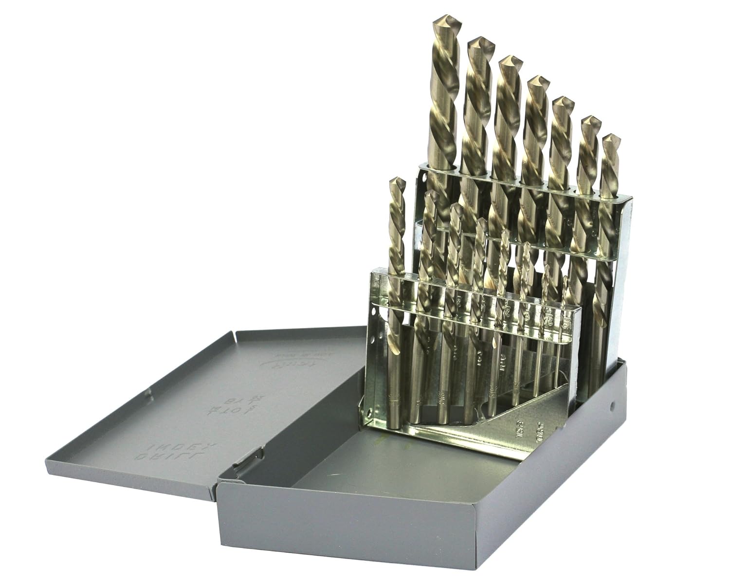 Drillco 200LH Series 15 Piece High-Speed Steel Left Hand Jobber Drill Bit Set, Uncoated (Bright) Finish, Round Shank, Spiral Flute, 118 Degrees Conventional Point, 1/16" - 1/2" in 1/32" increments