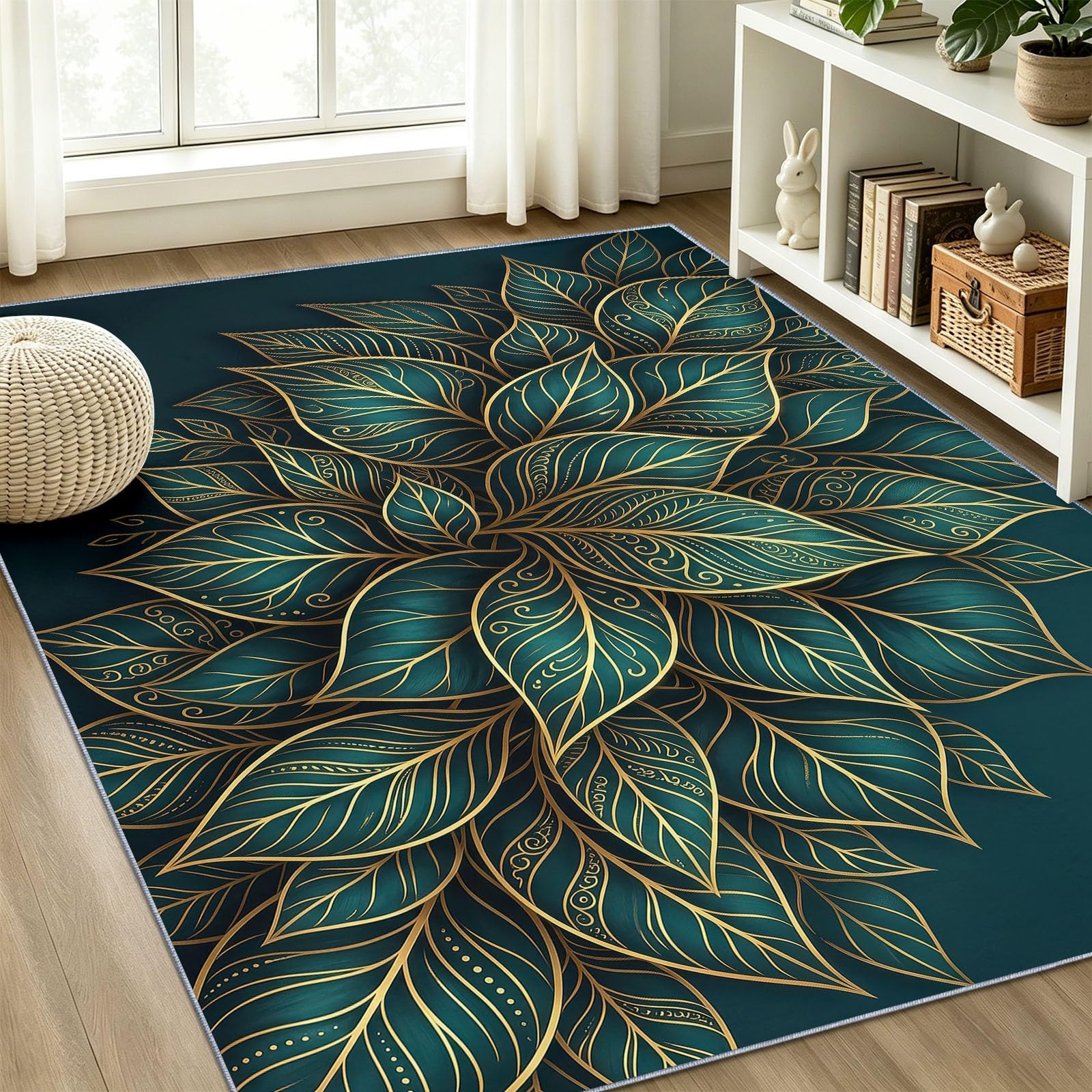 Wohnzimmer Teppich – Modern Leichter Luxus, Abstrakt Blätter Goldene Linien, Esszimmer Schlafzimmer Küche Flur, Waschbarer Rutschfester Teppich, 180 x 240 cm Gold Grün