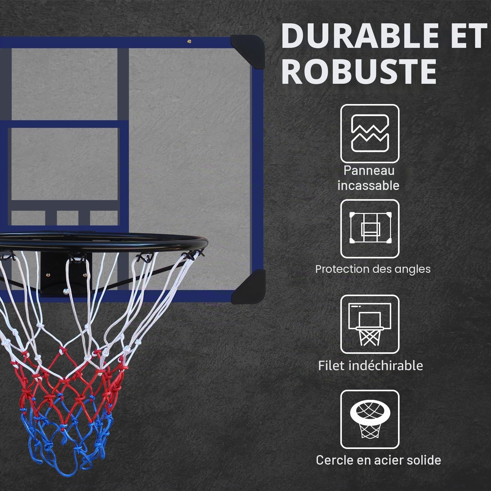 Panier de basket-ball mural, 89 x 60 cm, dos incassable, cerceau pliable, cerceau durable et filet résistant aux intempéries pour une utilisation en intérieur et en extérieur