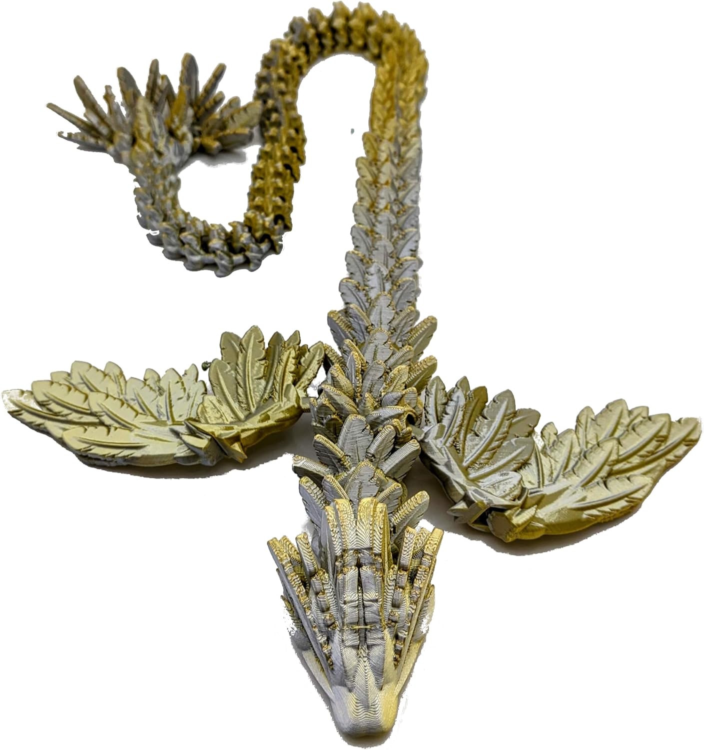 3d Printed Flying Serpent - Articulated Dragon Fidget Toy (20", Gold/Silver)