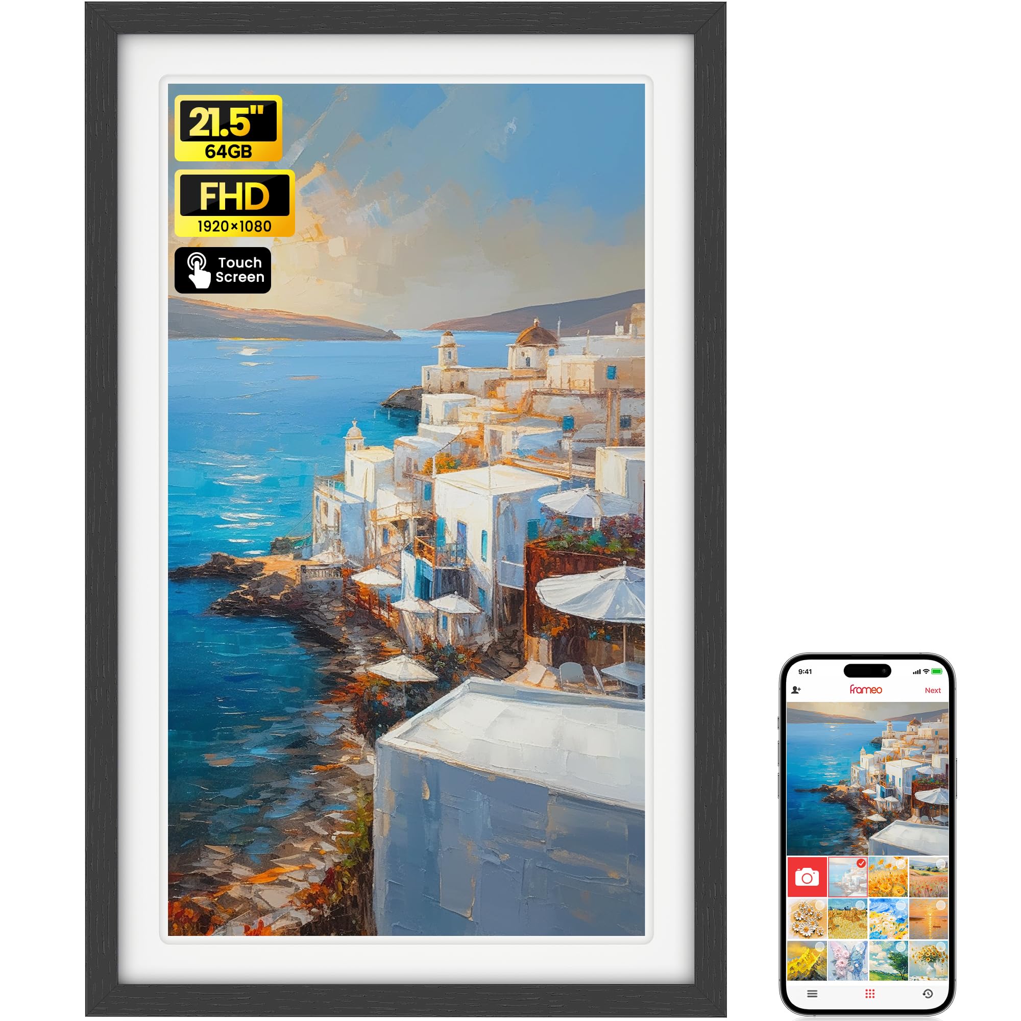 BIGASUO Digital Picture Frame, 10.1" Frameo Digital Frame WiFi with 32GB Memory, 1280x800 IPS Touch Screen, Send Photos/Videos from Your Phone Anywhere, Photo Gifts for Parents and Grandparents: 21.5" Black & White 64GB