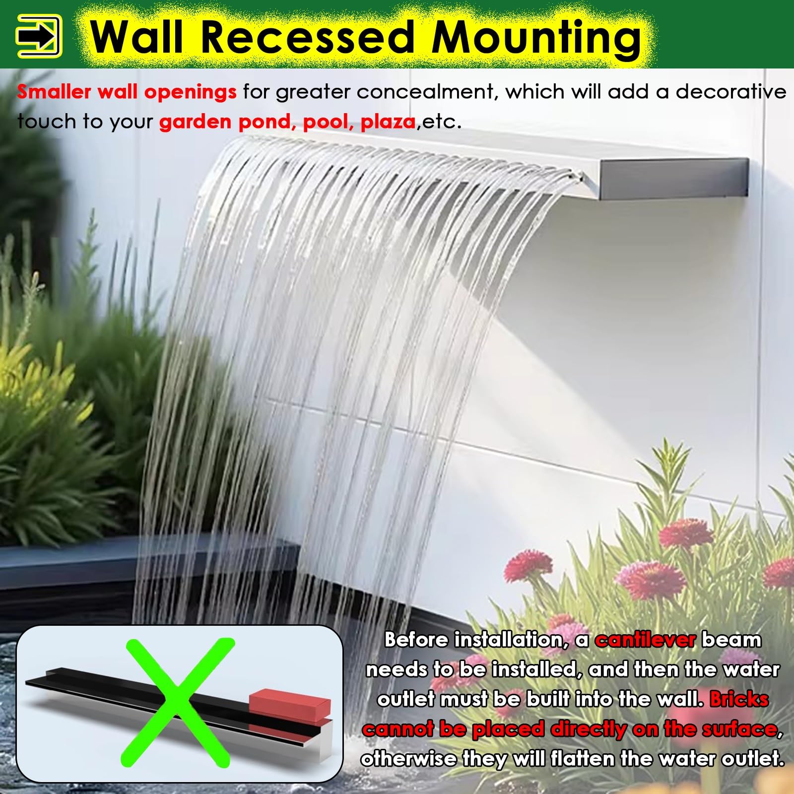 Desbordamiento de cascada de acero inoxidable de 144,8 cm, resistente, empotrado, translúcido, para exteriores, hoteles, jardines y jardines rocosos con kits de accesorios de tubería