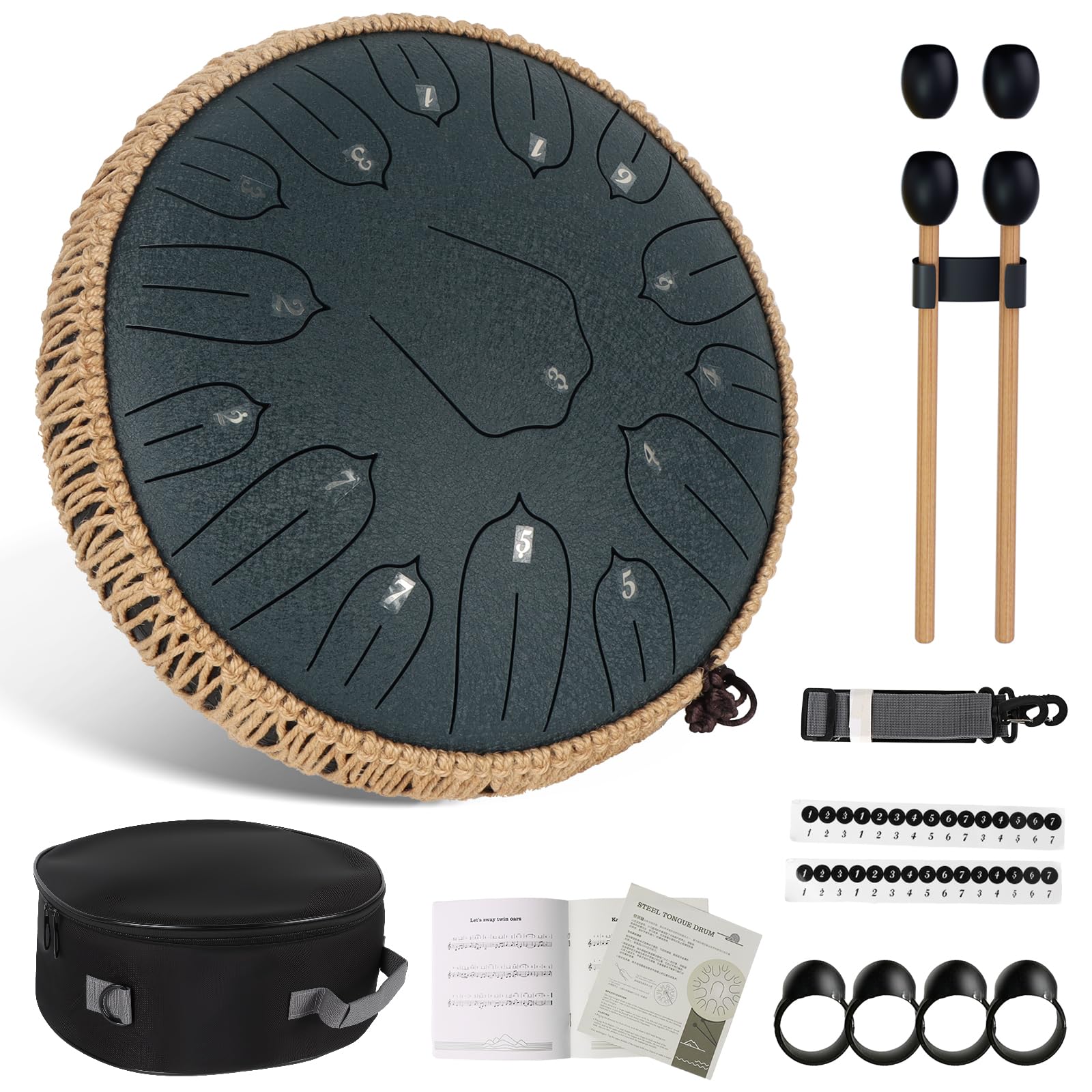 Bęben językowy 30 cm, 15 tonów, stalowy bęben dźwiękowy, D-Dur instrument z pałeczkami dla dzieci, do medytacji, jogi, uzdrawiania dźwięku (granatowy, 35 cm)