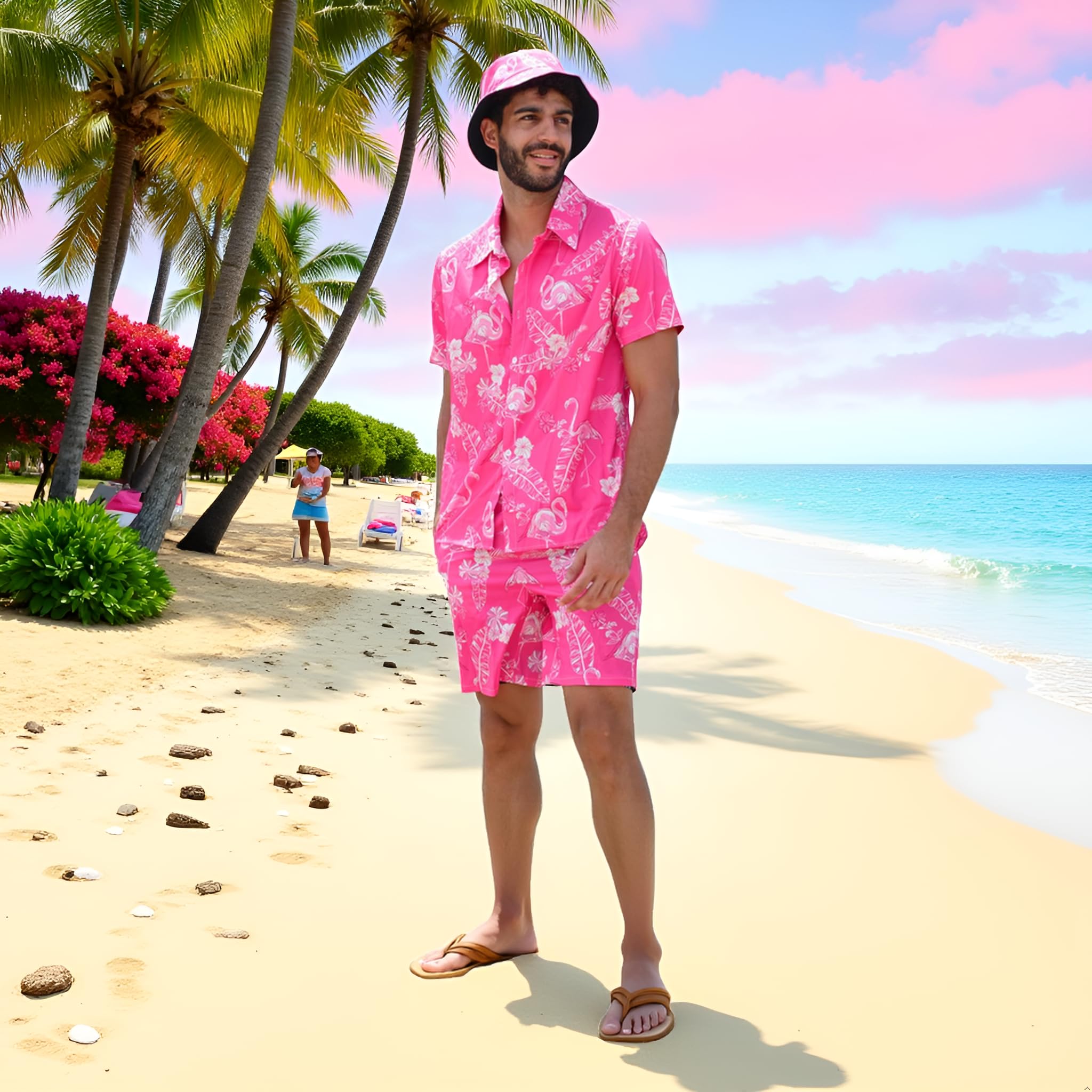 Camicia hawaiana da uomo, 3 pezzi, vestito hawaiano, da uomo con camicia a fenicottero, cappello da pescatore, abbigliamento per il tempo libero, set di camicie da uomo