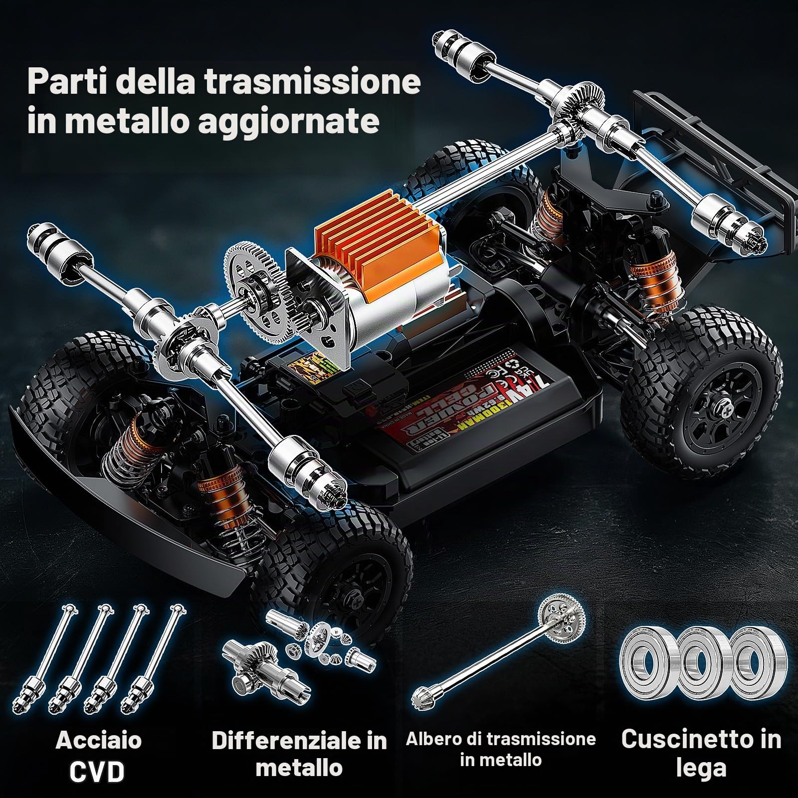 Macchina telecomandata professionale 2,4GHz,Monster Truck RC 1/16, Veicolo Fuoristrada 4WD Resistente all’Acqua con Doppie Batterie, Pneumatici Drift e Off-Road, Trasmissione in Metallo e Luci LED
