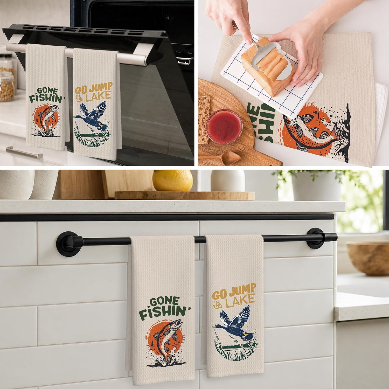 Gone Fishin Kitchen Towels Set of 2, Funny Fish and Mallard Decorative Hand Tea Towels for Bathroom Kitchen, Fishing Hunting Lake House Decor, Fishing Lovers Gifts for Men Fisherman, 16×24 image 5