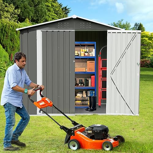Miniatura 4 de Cobertizo de almacenamiento al aire libre con puerta con cerradura, cobertizo de almacenamiento de metal resistente para patio, patio trasero,