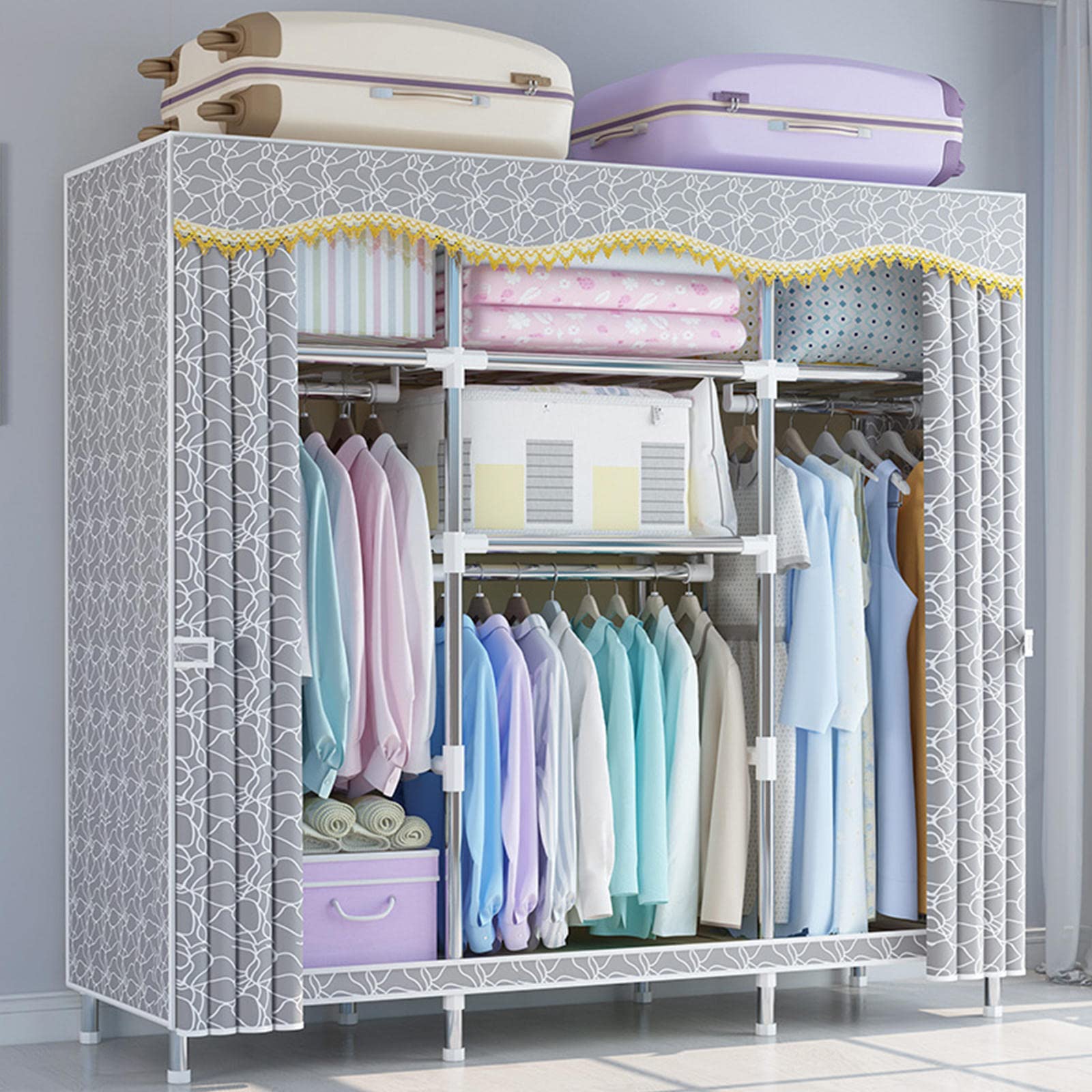Canvas-Kleiderschrank, tragbarer Kleiderschrank, Aufbewahrungsorganisator für Kleiderschränke mit Kleiderstange, Regalen, Stoffbezug, faltbarer Schrank für Schlafzimmer, Wohnzimmer