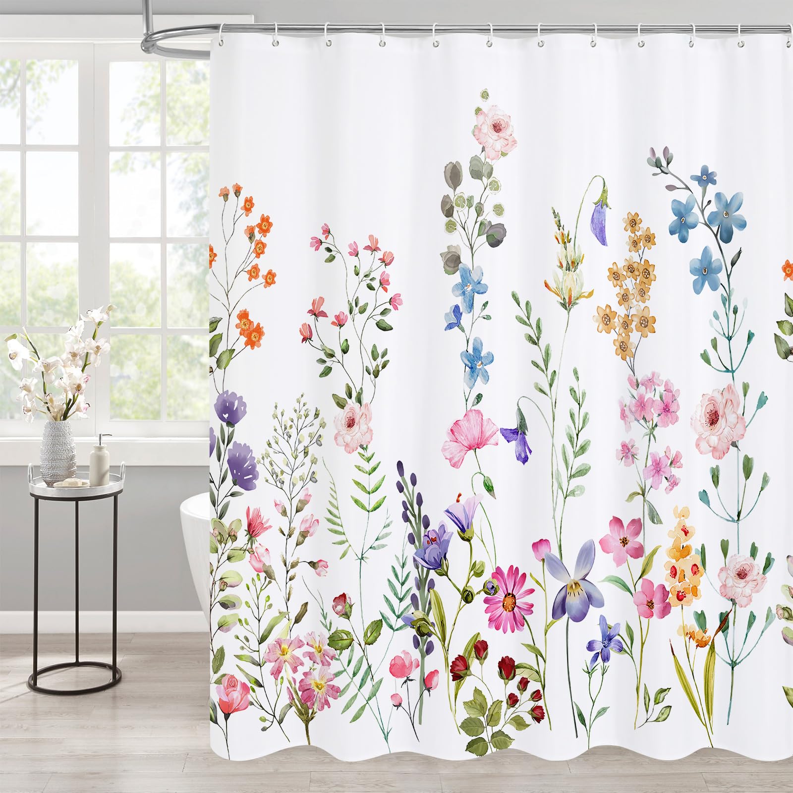 MitoVilla Floral Summer Shower Curtain, Flower Fabric Cloth Shower Curtains for Rustic Vintage Bathroom Decor, Spring Plant Shower Curtains with Watercolor Chic Cosmos, 72x72