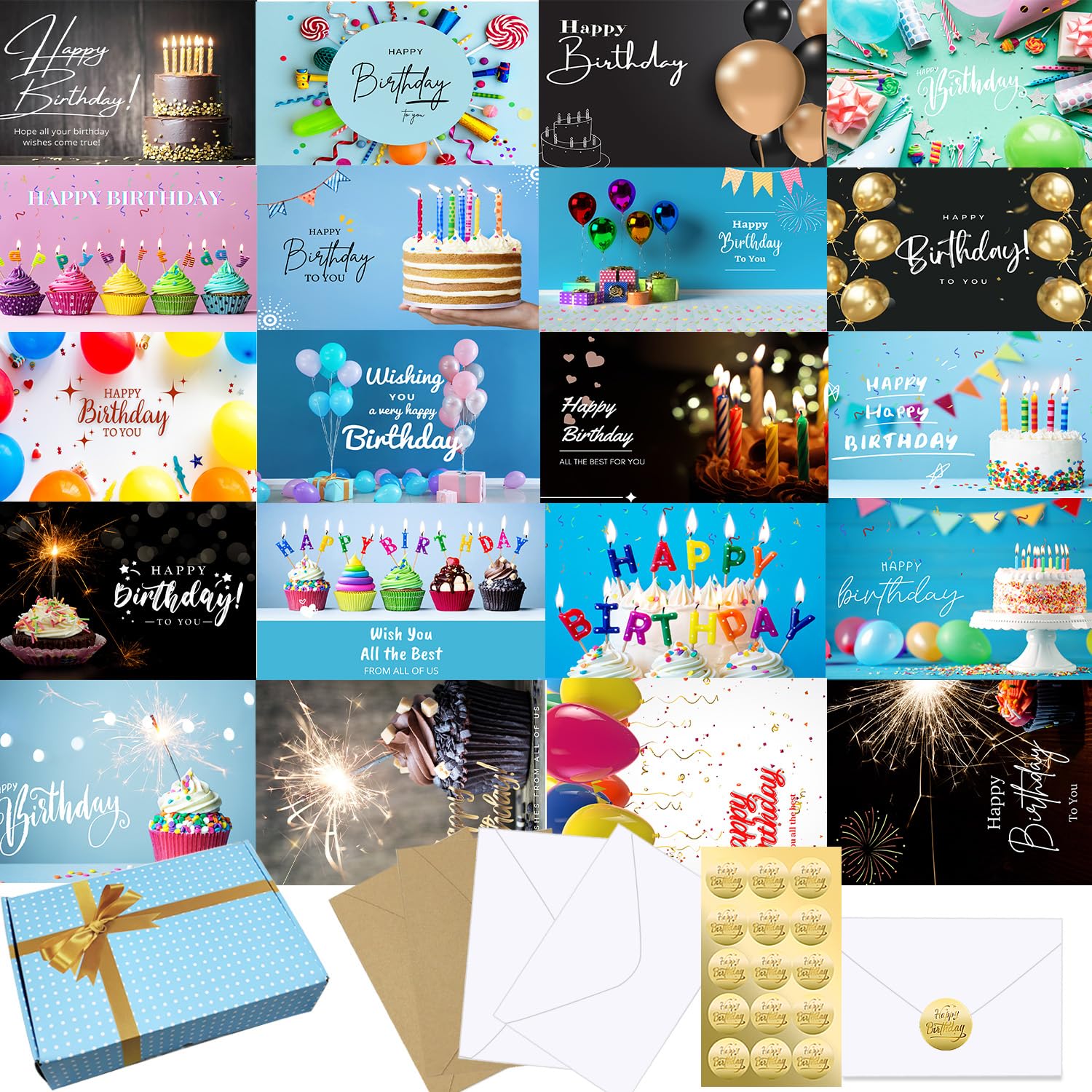 Photo 1 of 160 Birthday Cards Bulk with Short Generic Message Inside, Birthday Cards with Envelopes 4 x 6 inches, 20 Unique Designs, for Family, Group,Office, Business, Cards in Box