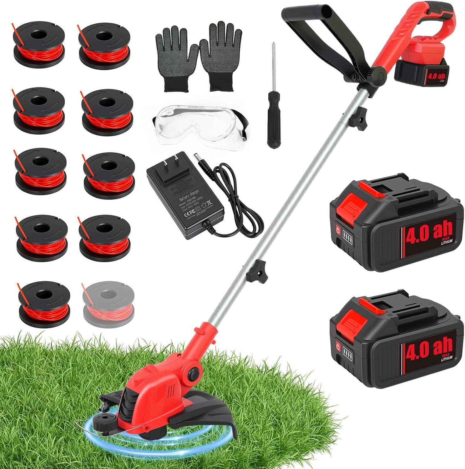 21V Cordless String Trimmer & Edger, 12" Auto-Feed Grass Cutter with 4.0Ah Battery & Fast Charger, 2-in-1 Electric Lawn Tool Includes 10 Lines for Garden and Yard Maintenance-Red