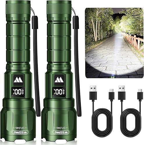 Miniatura 13 de WdtPro Linterna LED Recargable, Paquete de 2, Linterna Táctica Súper Brillante con Zoom de 6000 Lúmenes con Pantalla Digital LCD, Linterna Rojo