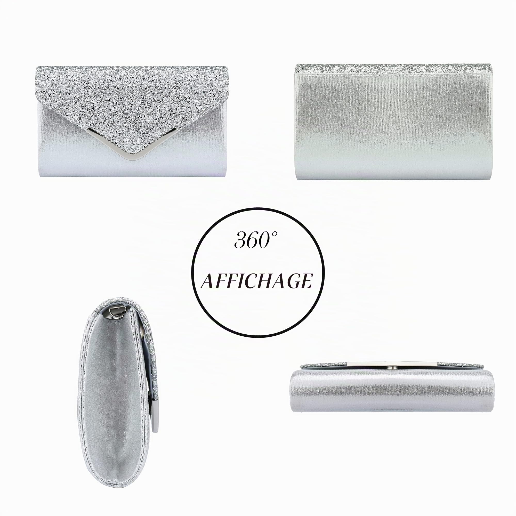 Milky Way Pochette Enveloppe Soirée Sac à Main Mariage En Paillettes Brillan Bandouliere Chic Et Elegant Clutch Argenté Avec Chaîne pour Femme
