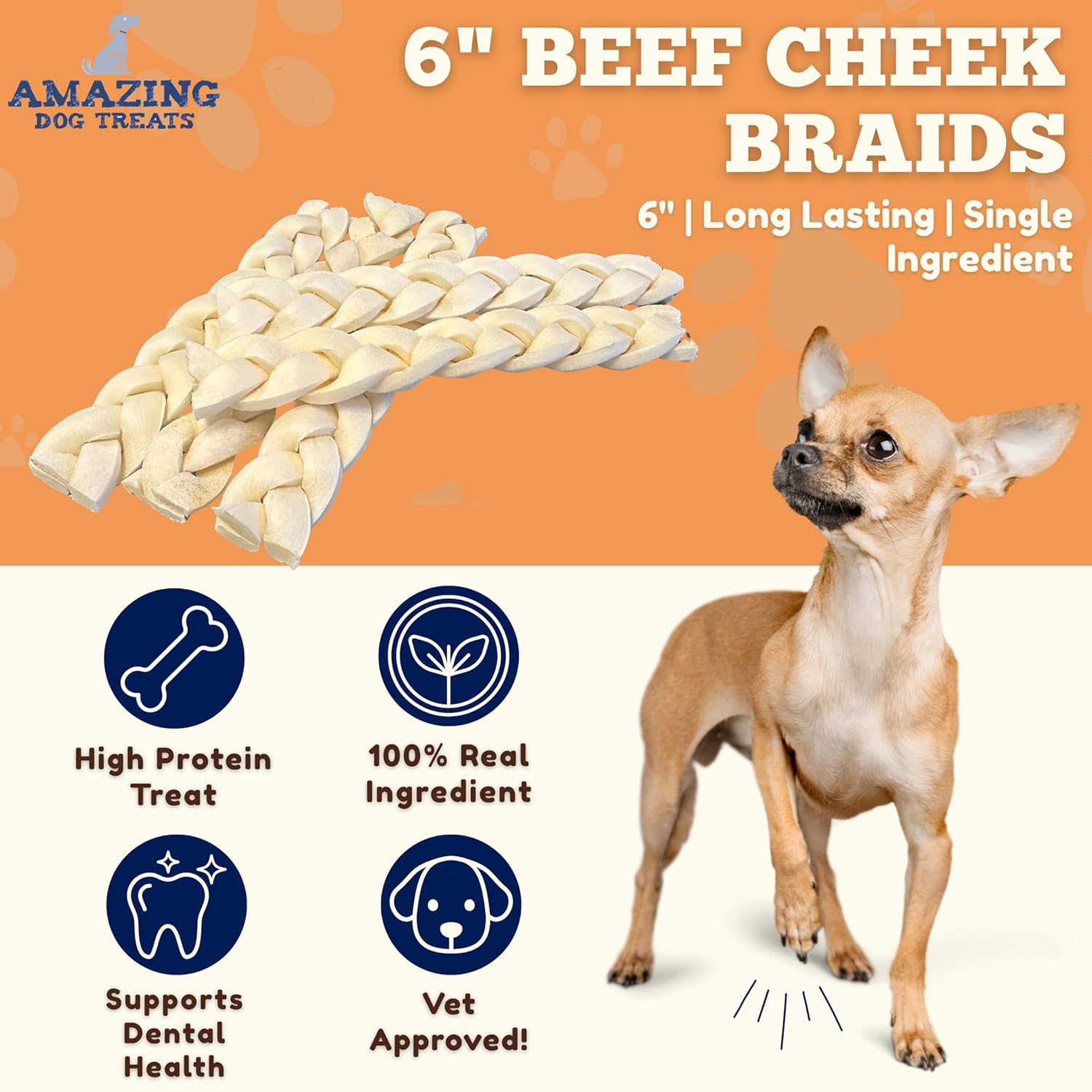 Amazing Dog Treats - Beef Cheek Braids Dog Chew (6 Inch - 15 Pack) - NO Odor - Rawhide Alternative - Beef Cheek Slice Chip Sticks - No Dyes, Chemicals, or Preservatives