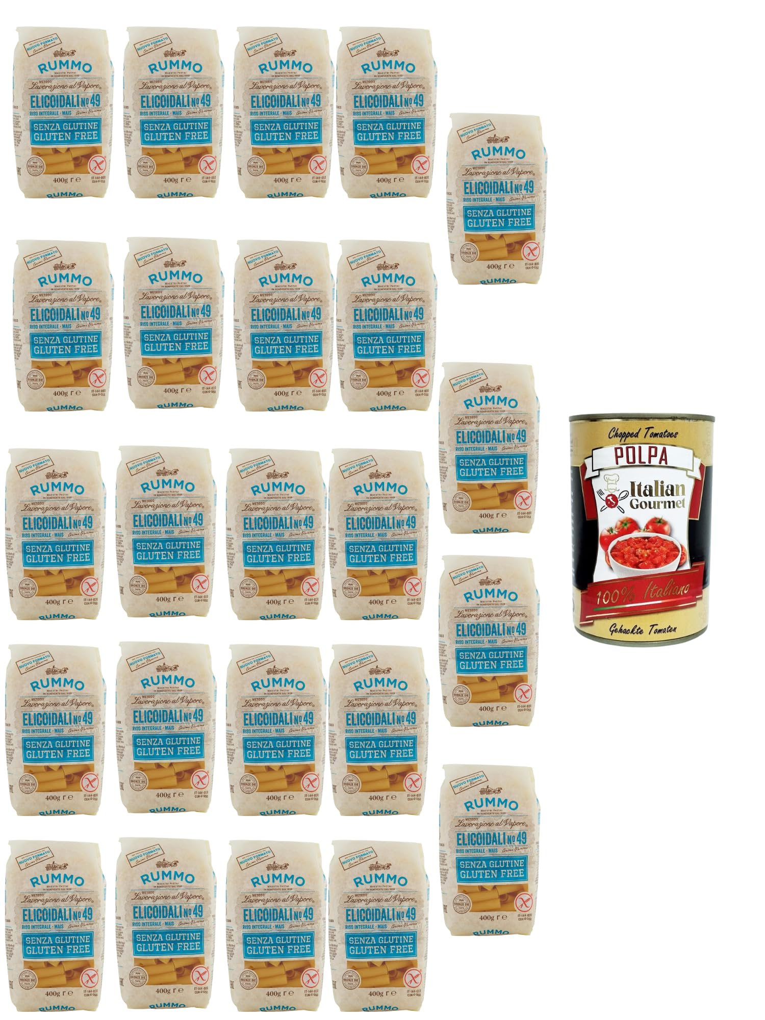 Italian Gourmet Elicoidali No.49 Pasta senza glutine Mais Reis 24 x 400g | Trafilata al bronzo, Vollkorn-Basis mit bissfestem Halt, nimmt Saucen sehr, Gesamtnettogewicht 9,6 kg + Kostenlos Polpa 400g