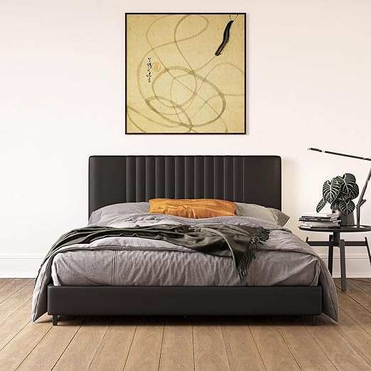 REALROOMS Rio Faux Leather Upholstered Platform Bed with Tufted Headboard, Full, Black