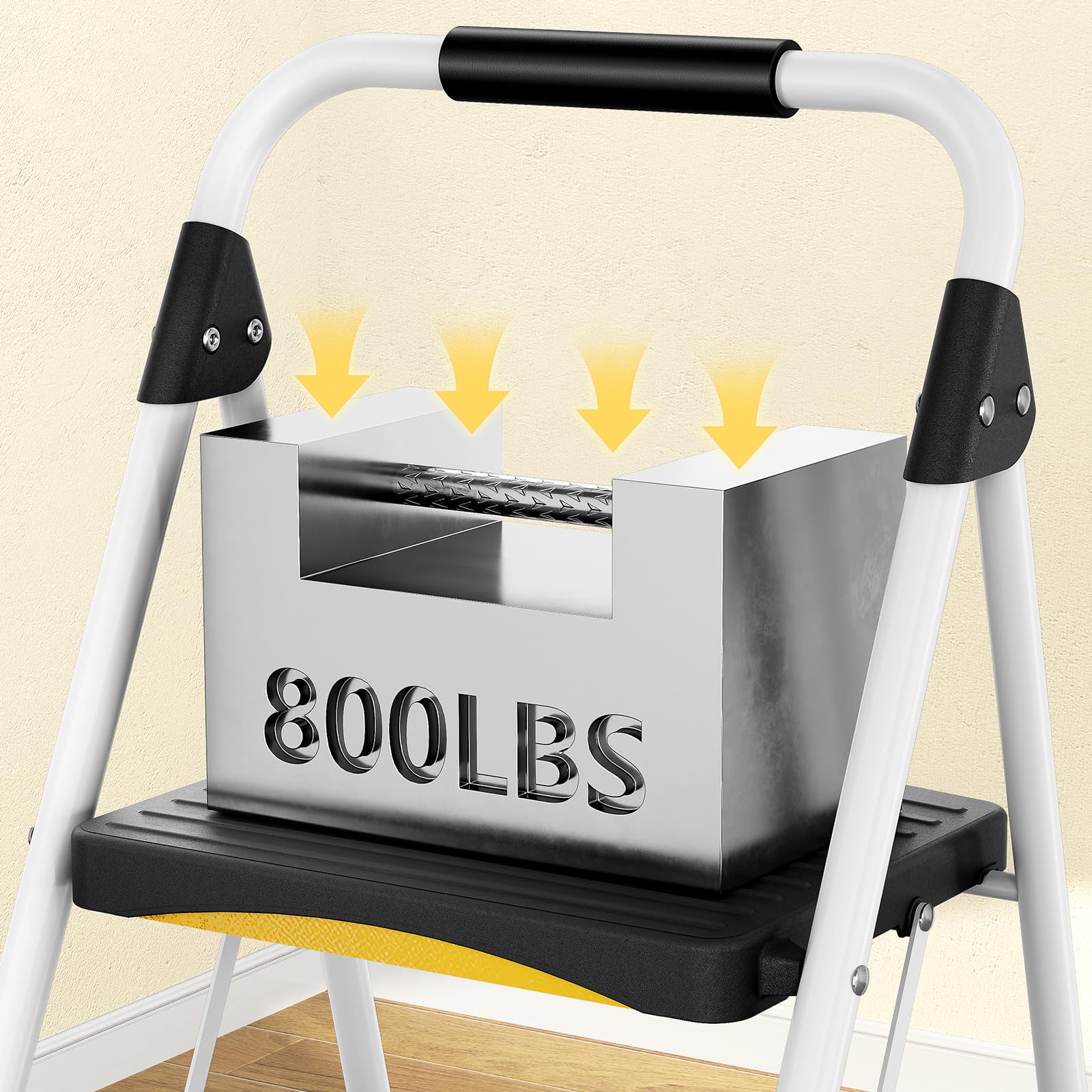 Urackify Escabeau Pliable 3 marches, Charge 150 kg, Verrouillage de sécurité, Pédales Larges, Accoudoirs, Escabeau escamotable léger pour la Maison, Cuisine, Placard et Bureau.