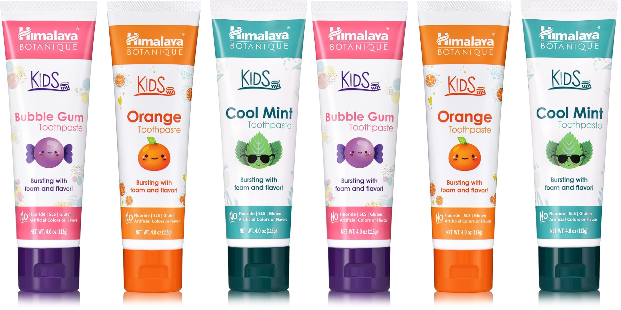 Himalaya Botanique Kids Toothpaste with Xylitol, Variety Pack of Bubble Gum, Orange &amp; Cool Mint - Fluoride Free Toothpaste - Vegan, Gluten Free, No Artificial Flavors or Colors, 4 oz (Pack of 6)
