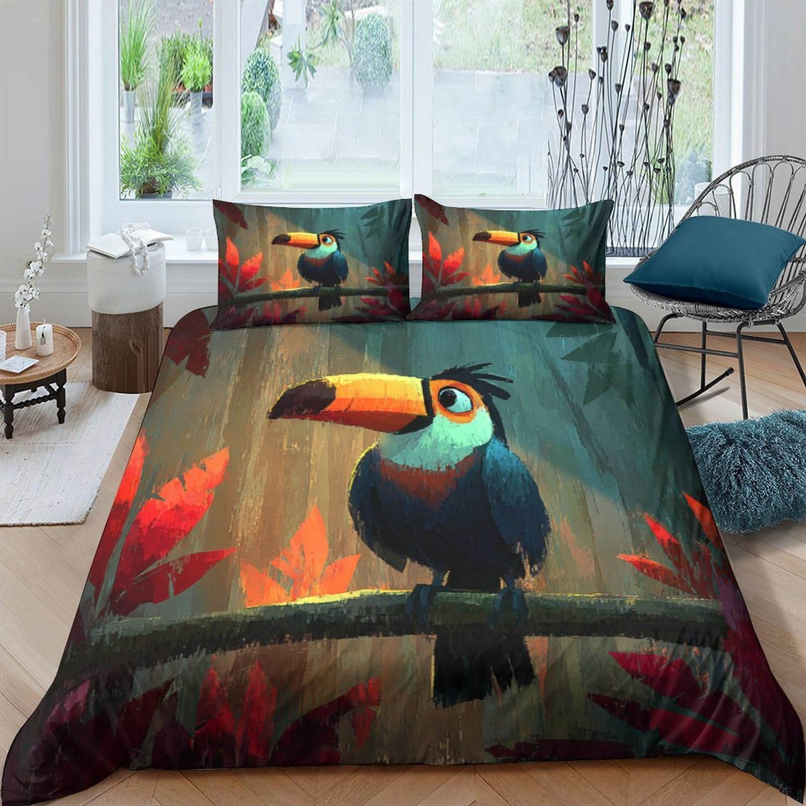 Ctjqhvkz Style-2 3D Printed Tropical Toucan Fitted Sheet Microfiber Soft Anti-Slip Jungle Leaves Bed Cover For Bedroom Guestroom Decor Single（135X200cm）