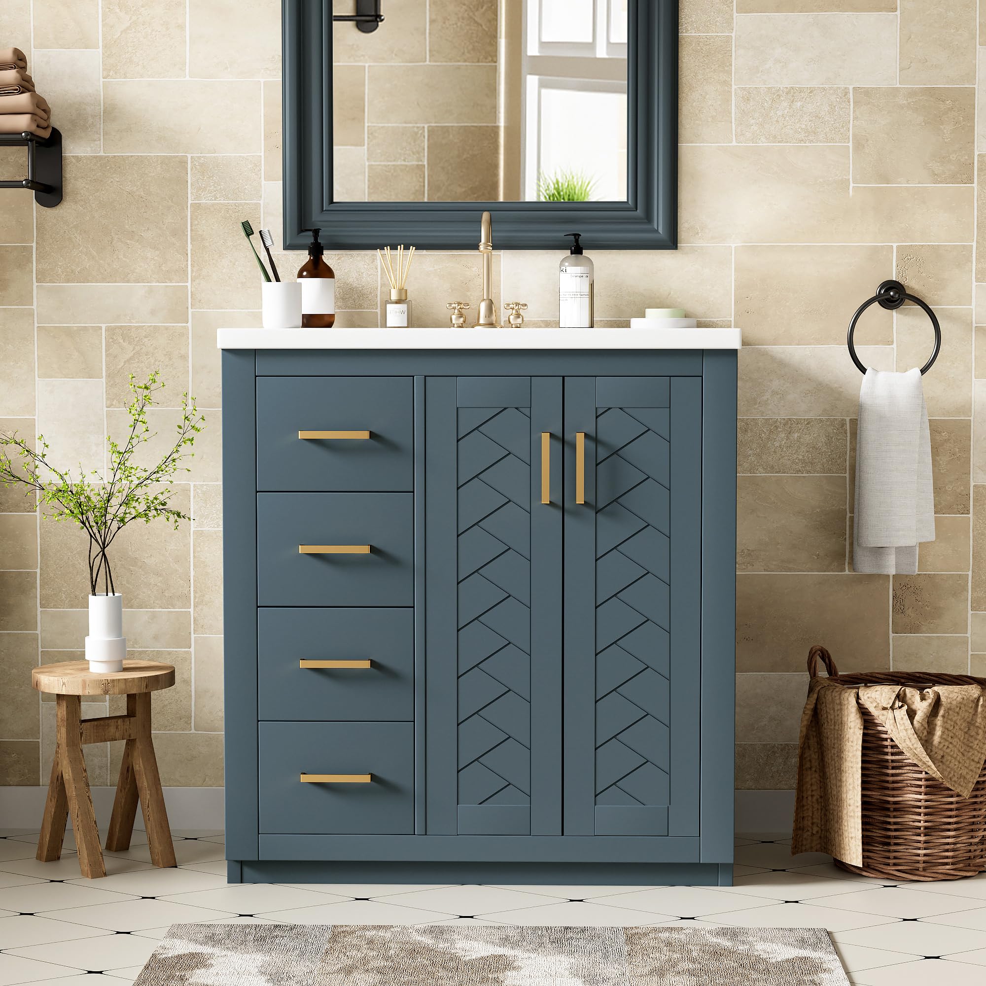 Favfurish 30" Modern Bathroom Vanity with Ceramic Sink Combo, Solid Wood Frame Freestanding Storage Cabinet w/Soft Closing Doors &amp; 3 Drawers, Undermount Single Basin Bath Vanity Set, Blue