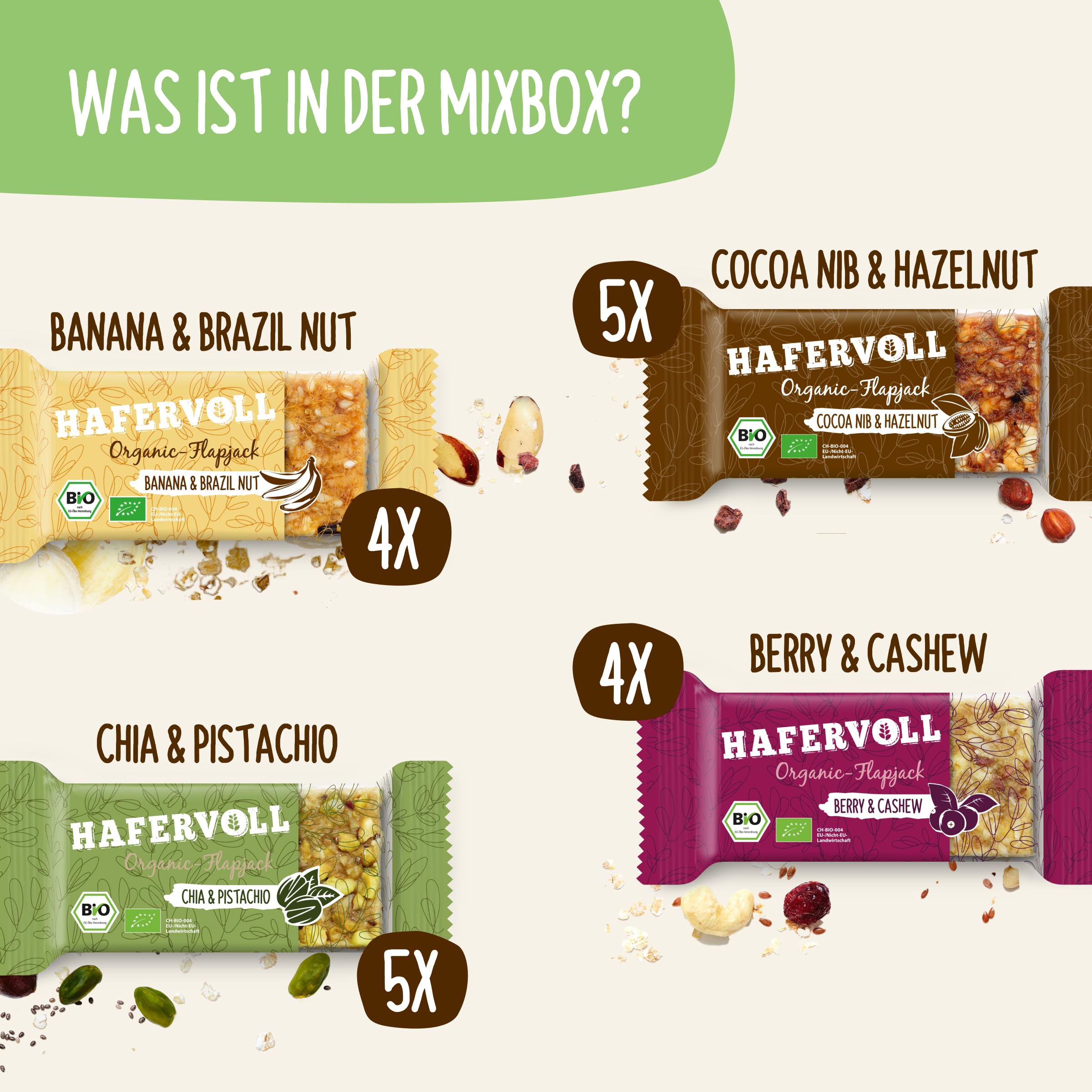 HAFERVOLL Organic Mixbox 4 Flapjack-Sorten 18 x 60g Bio-Müsliriegel Bio-zertifiziert