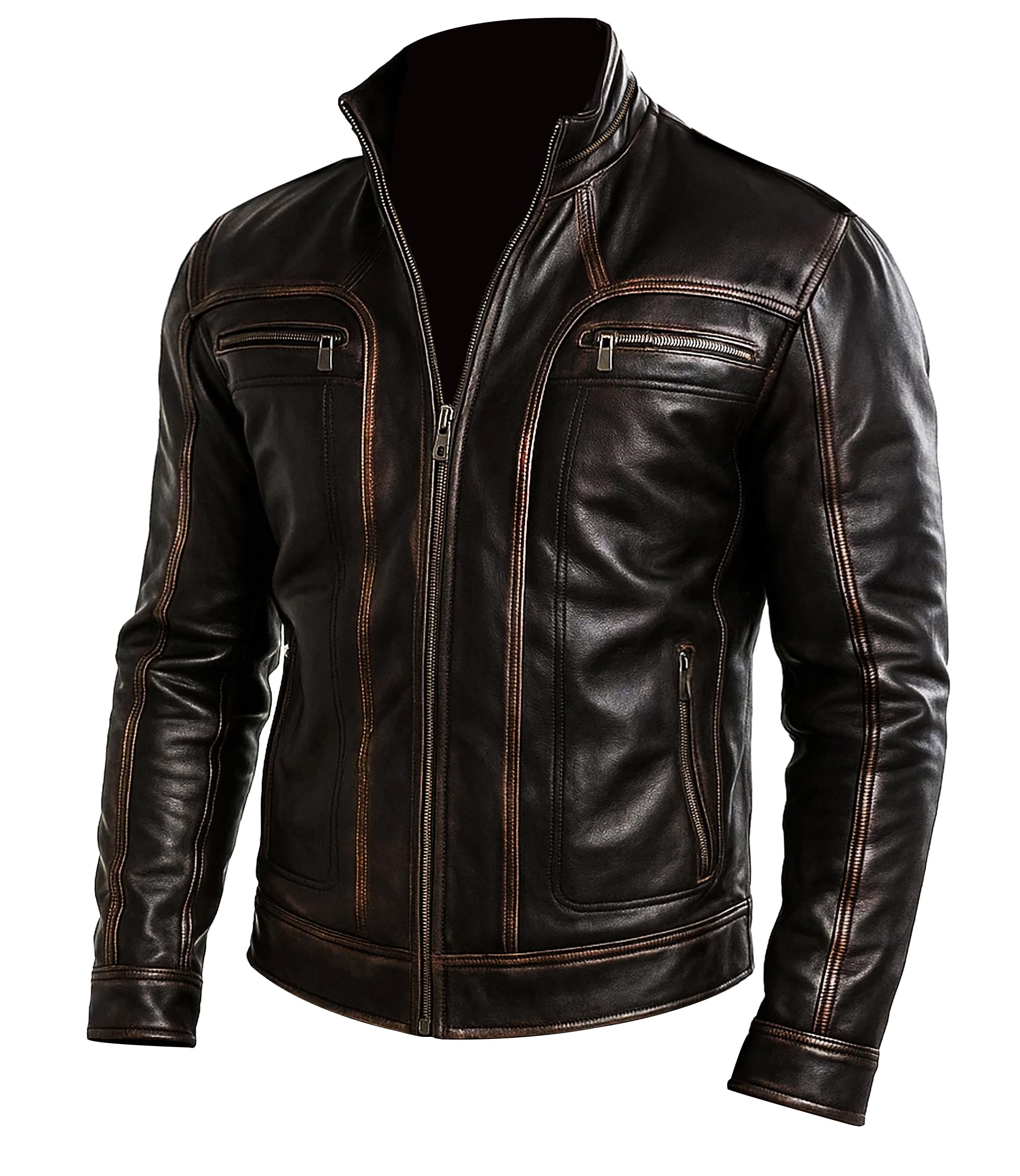 Men Premium Distressed Brown Padded Armored Cowhide Leather Coat