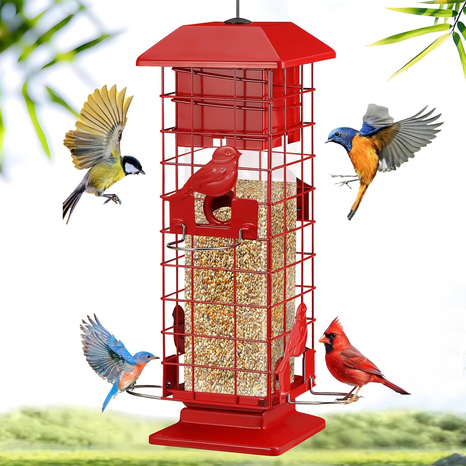Squirrel Proof Bird Feeder for Outdoors Hanging, Yongblus Metal Wild Bird Feeders, with Weight Activated Perches 4 Ports, 3Lb Capacity Squirrel Proof Bird Feeder for Outside, Cardinal, Finch, Bluebird