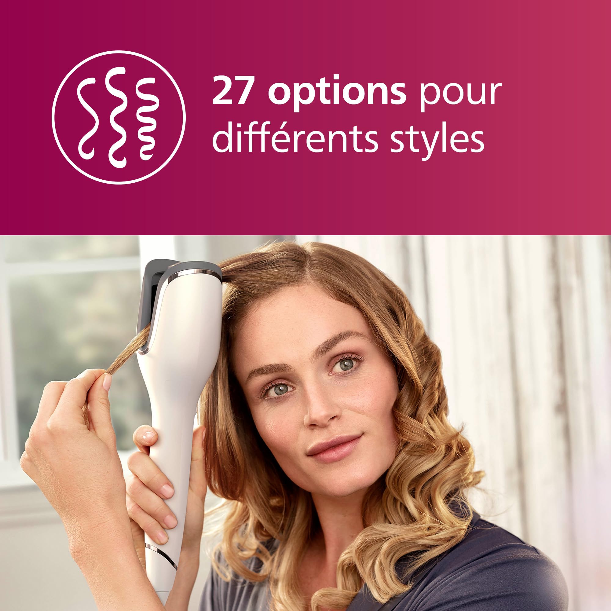 Philips série 8000 - boucleur automatique avec technologie MoistureProtect, 27 options de style différentes, blanc, modèle BHB878/00