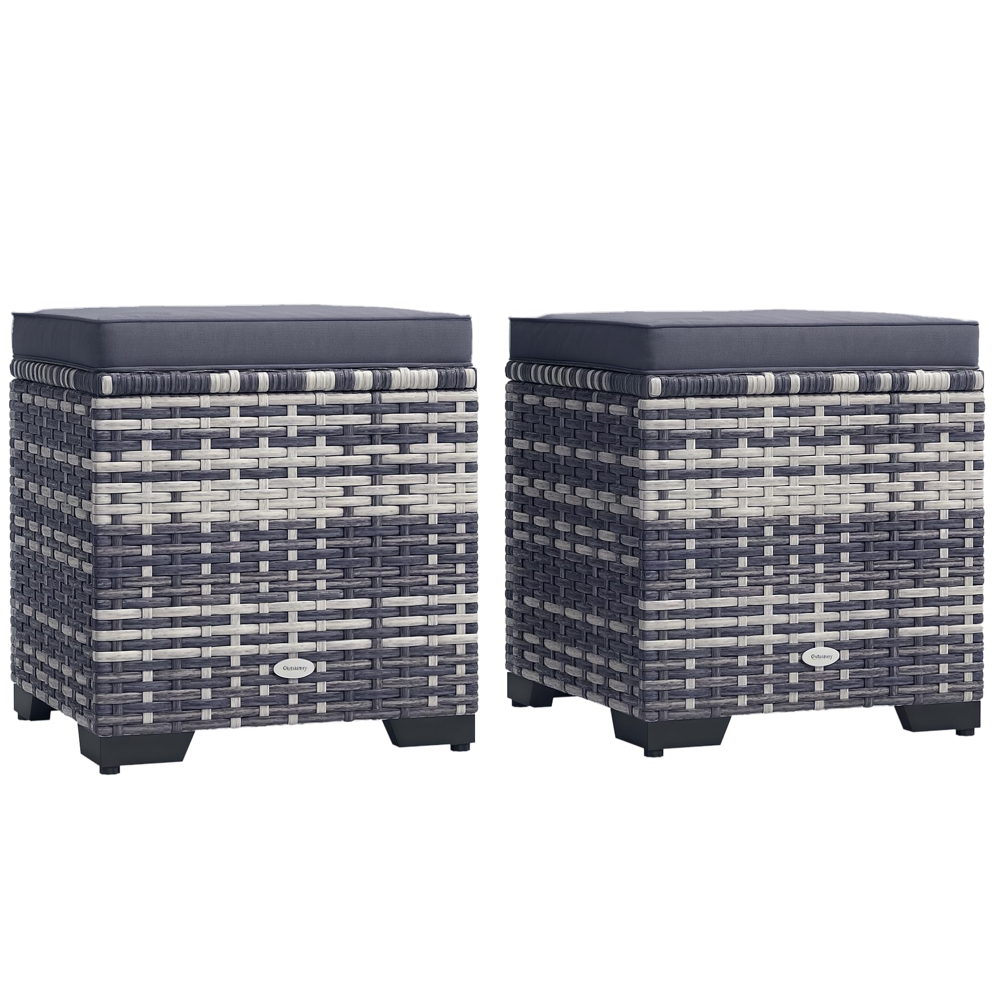 Outsunny Beige/Dark/Grey Set Of 2 Rattan Footstool, Storage Ottoman W/ Cushions, - Steel, Pe Rattan, Polyester, Vertical Cotton - 40W X 40D X 40H Cm