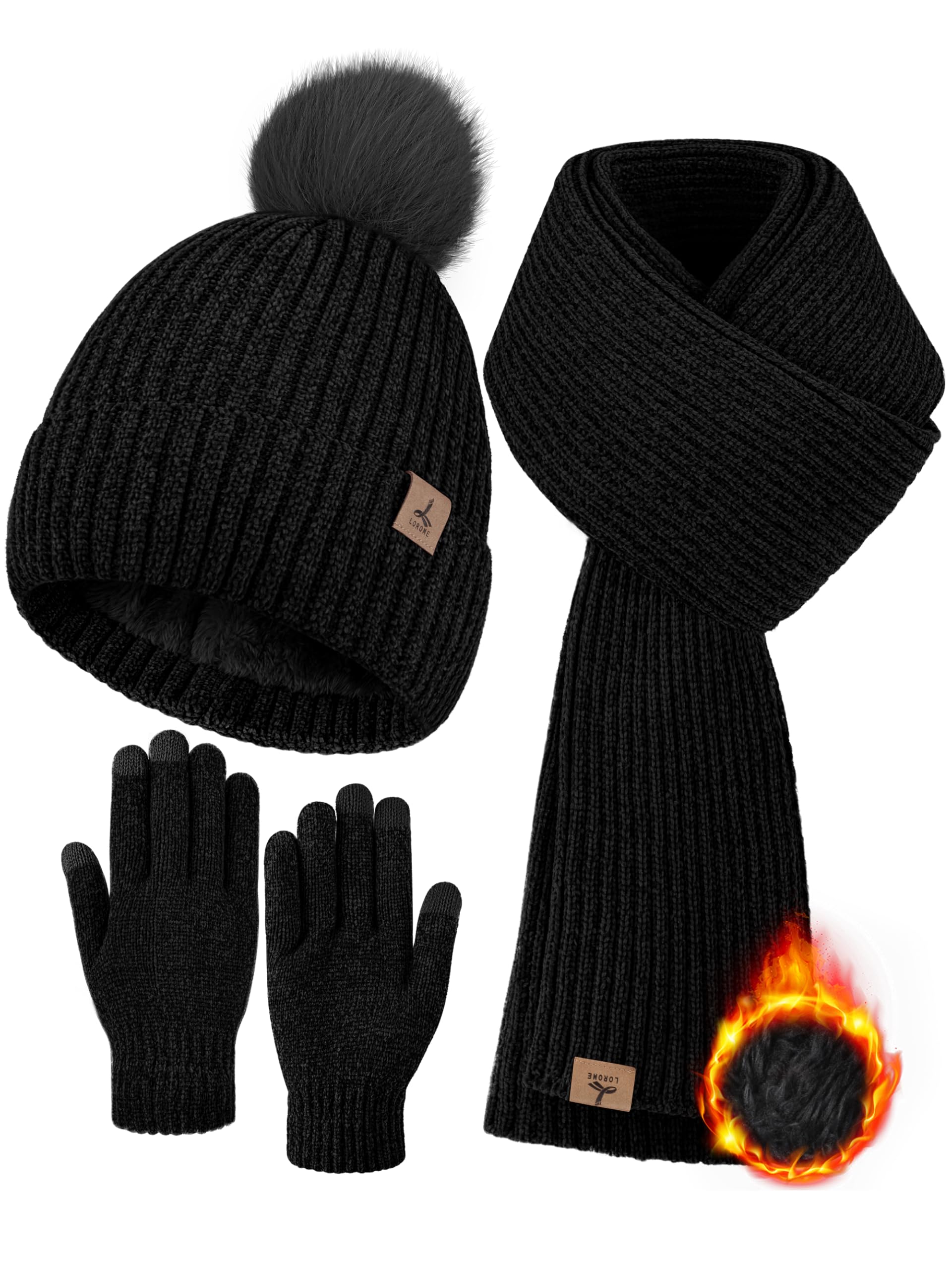 Set invernale caldo cappello sciarpa e guanti touch screen, lavorato a maglia con pompon, cappello scaldacollo, sciarpa lunga, guanti invernali per donne e uomini
