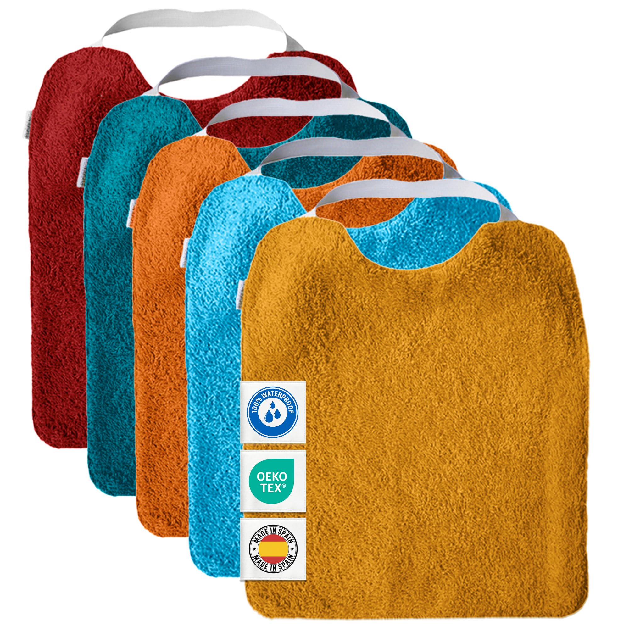 MIMUSELINA Set di 5 Bavaglini Neonato Impermeabili BLW in Spugna | Cotone Premium Oeko-Tex | Set Pappa Svezzamento Neonati | Grandi Bavaglini Asilo con Elastico al Collo | Realizzati a mano Spagna