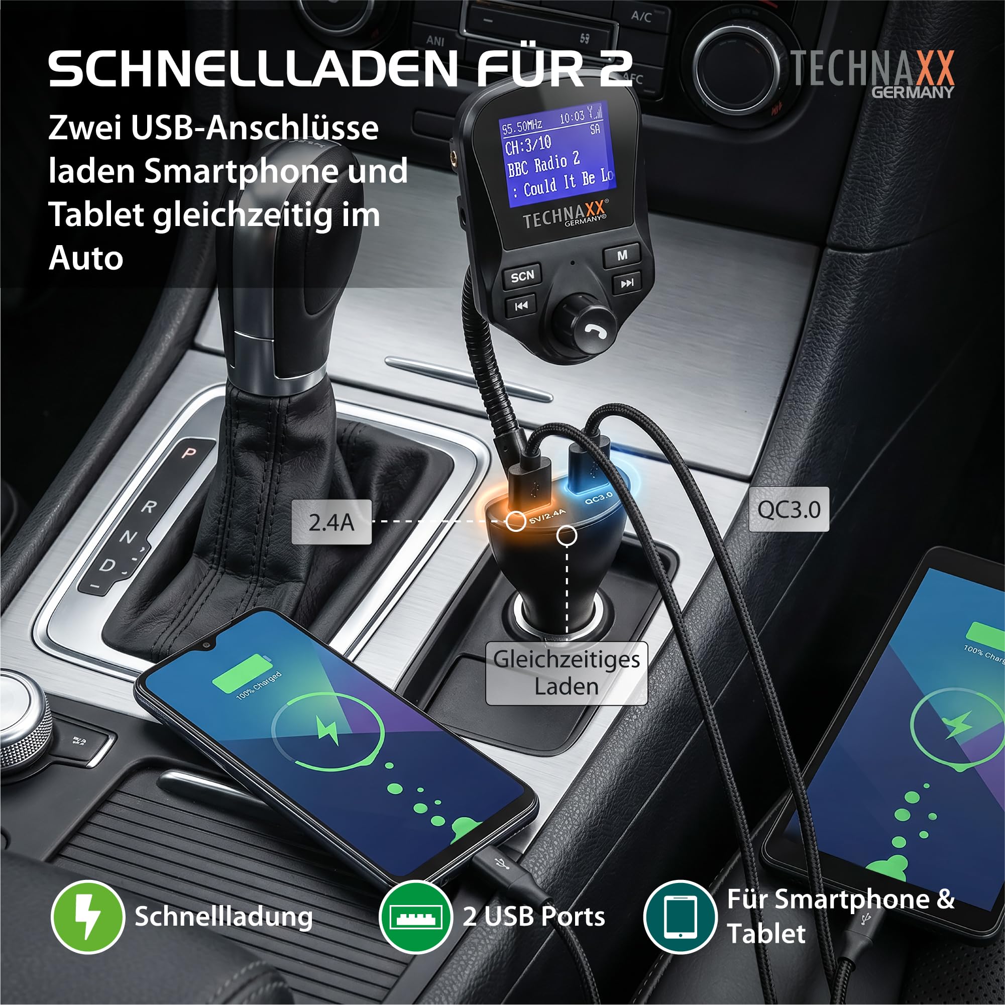 Technaxx FM DAB+ Transmitter FMT1500BT - Freisprecheinrichtung, Bluetooth V4.2, 2X USB, Mikrofon, Anrufe, MicroSD, DAB+ Radio via FM, AUX-IN, großes Display, Musik