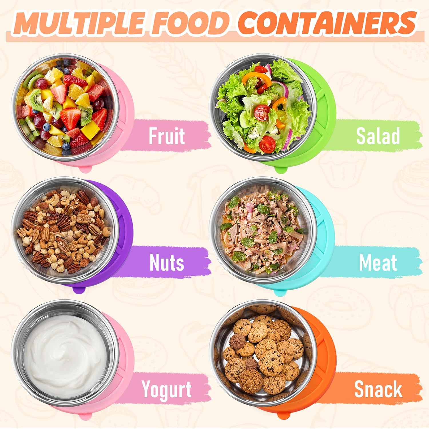 Jingmore 5 Pcs Stainless Steel Food Containers 13 oz,Bright