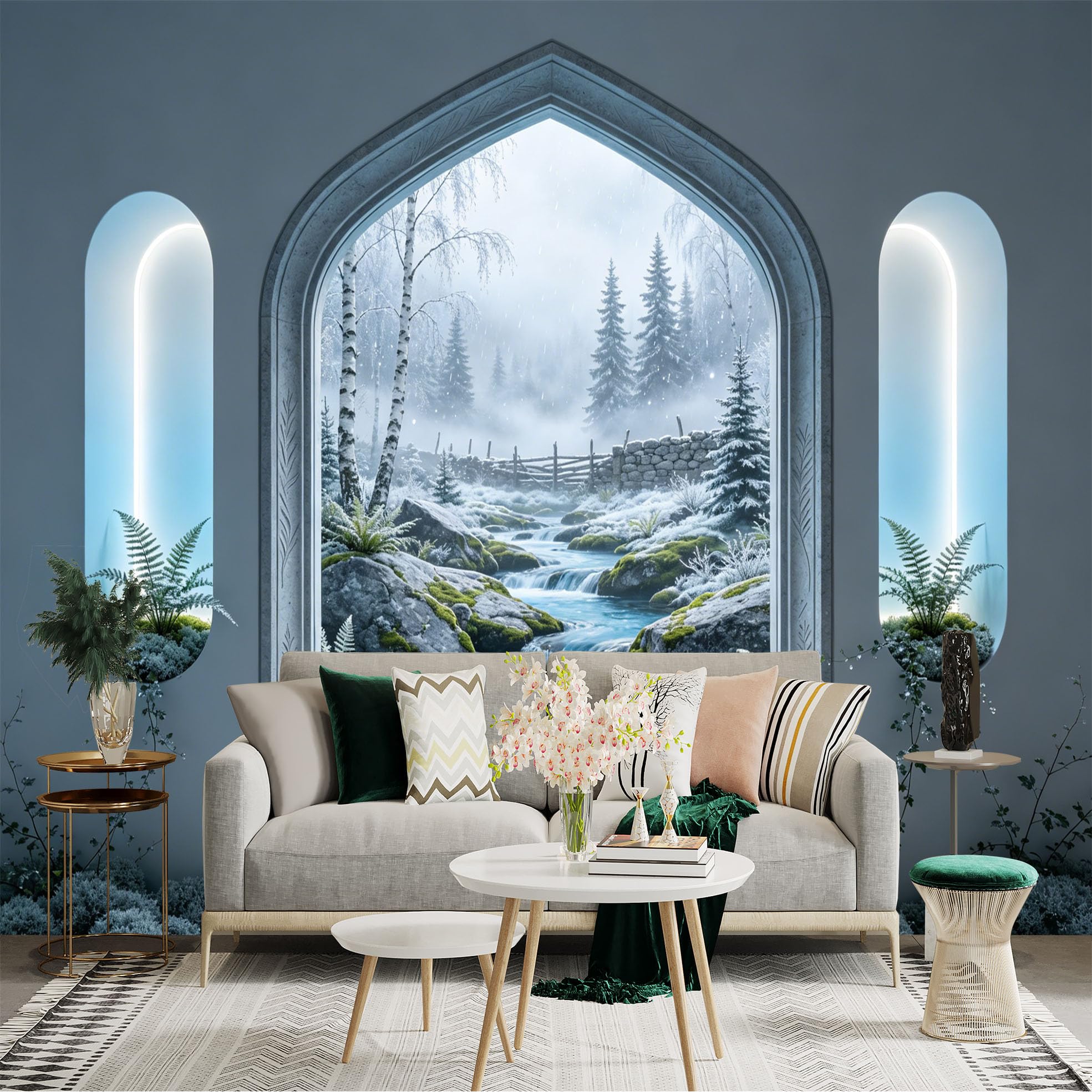 Custom Size Wall Sticker Mural， Winter Forest with River， Birch Trees and Misty Landscape， for wall Decoration， peelandstick wall Decals.