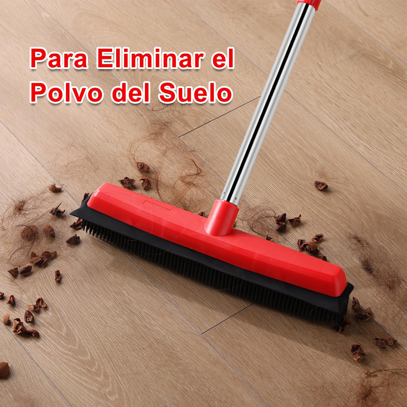 Mitclear Escoba de goma con mango largo 60 pulgadas, cepillo de suelo 2 en 1 con escobilla integrada 13 pulgadas, removedor pelo mascotas