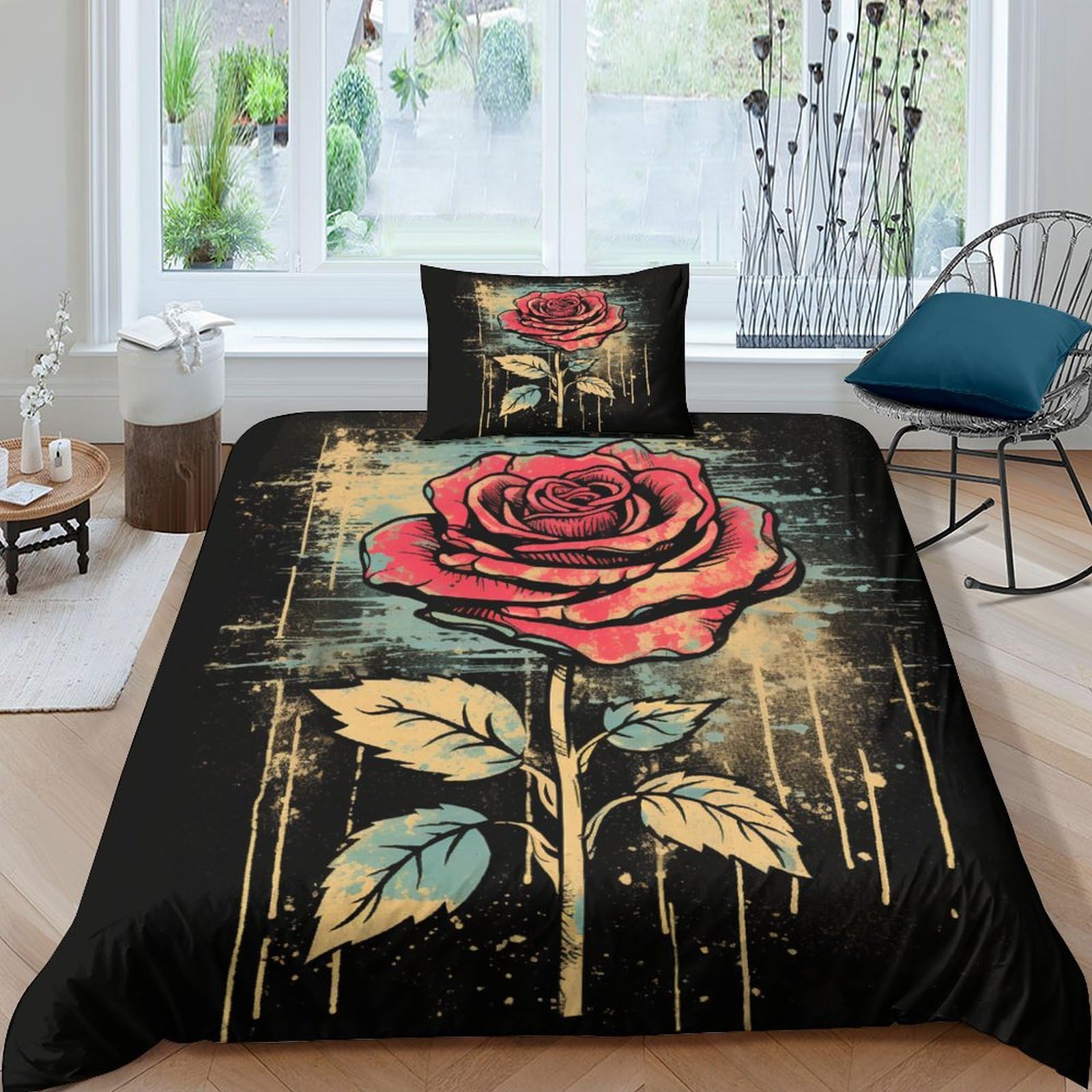 Housse de couette rose rouge 3D 135x200cm parure de lit 3 pièces en microfibre pour lit single