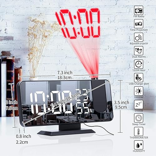 Miniatura 8 de Reloj despertador de proyección Dormitorio Techo Reloj de radio digital con cargador de teléfono móvil USB Reloj despertador dual LED Pantalla