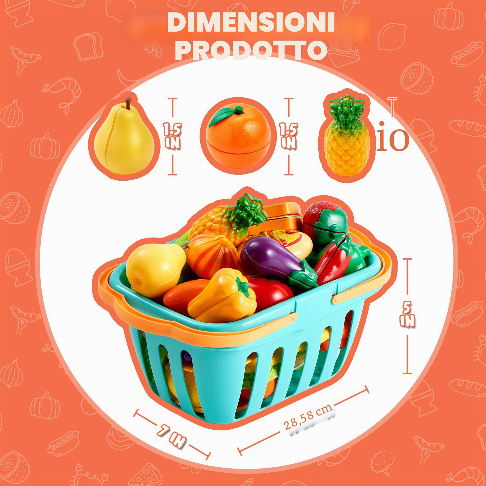 JOYIN 68 Pezzi Giocattolo da Taglio per Cucina per Bambini, Cibo Finto per Cucina da Gioco, Include Frutta e Verdura in Plastica, Cesto Portaoggetti, Giocattoli Finti, Regali per Bambini
