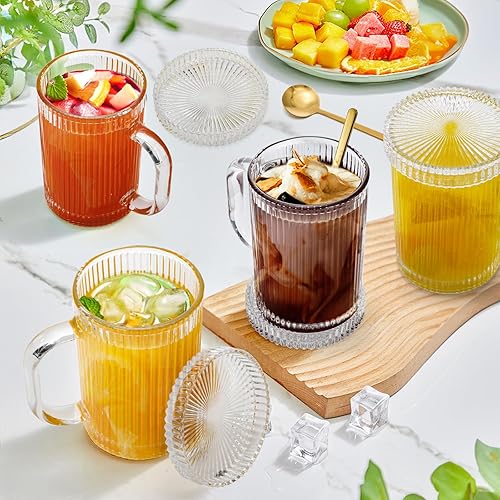 Miniatura 6 de Noamus Paquete de 2 tazas de café con tapa de vidrio, taza de té de rayas verticales clásicas transparentes de 13 onzas, juego de cristalería