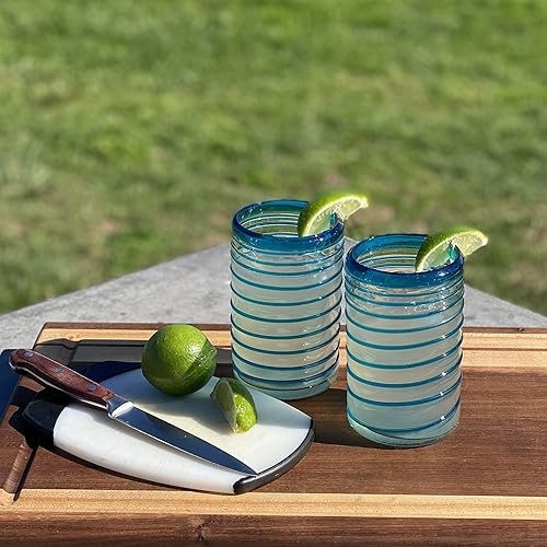 Miniatura 7 de Vasos mexicanos soplados a mano, juego de 6 vasos con un diseño de espiral aguamarina (14 onzas cada uno)