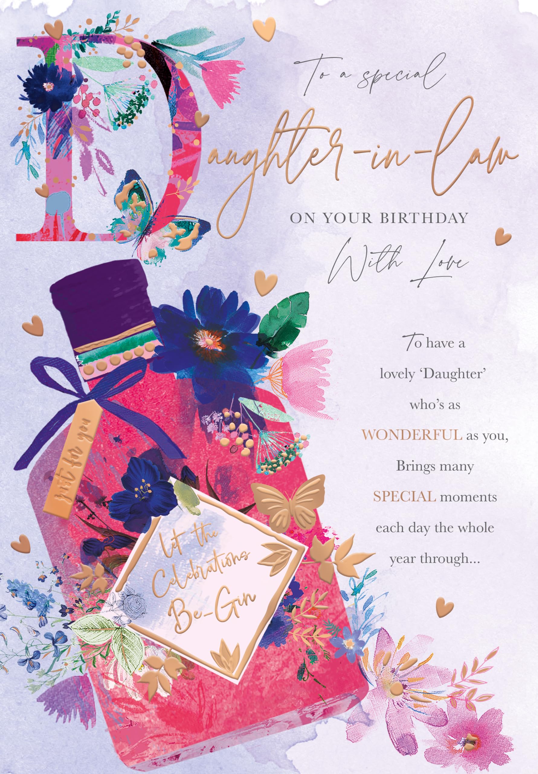 Words 'n' Wishes Special Daughter In Law Birthday Card - Happy Birthday Card for Women with Floral Gin and Butterfly Design with an Embossed Foil Finish