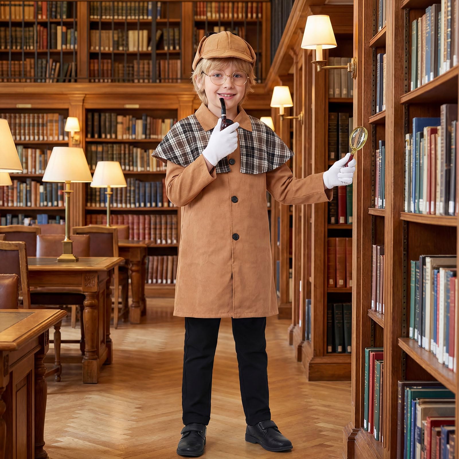 Meriviva Detective Costume Kids, Victorian Detective Costume Boys with Coat Hat Glasses Magnifying Glass Gloves - Image 4