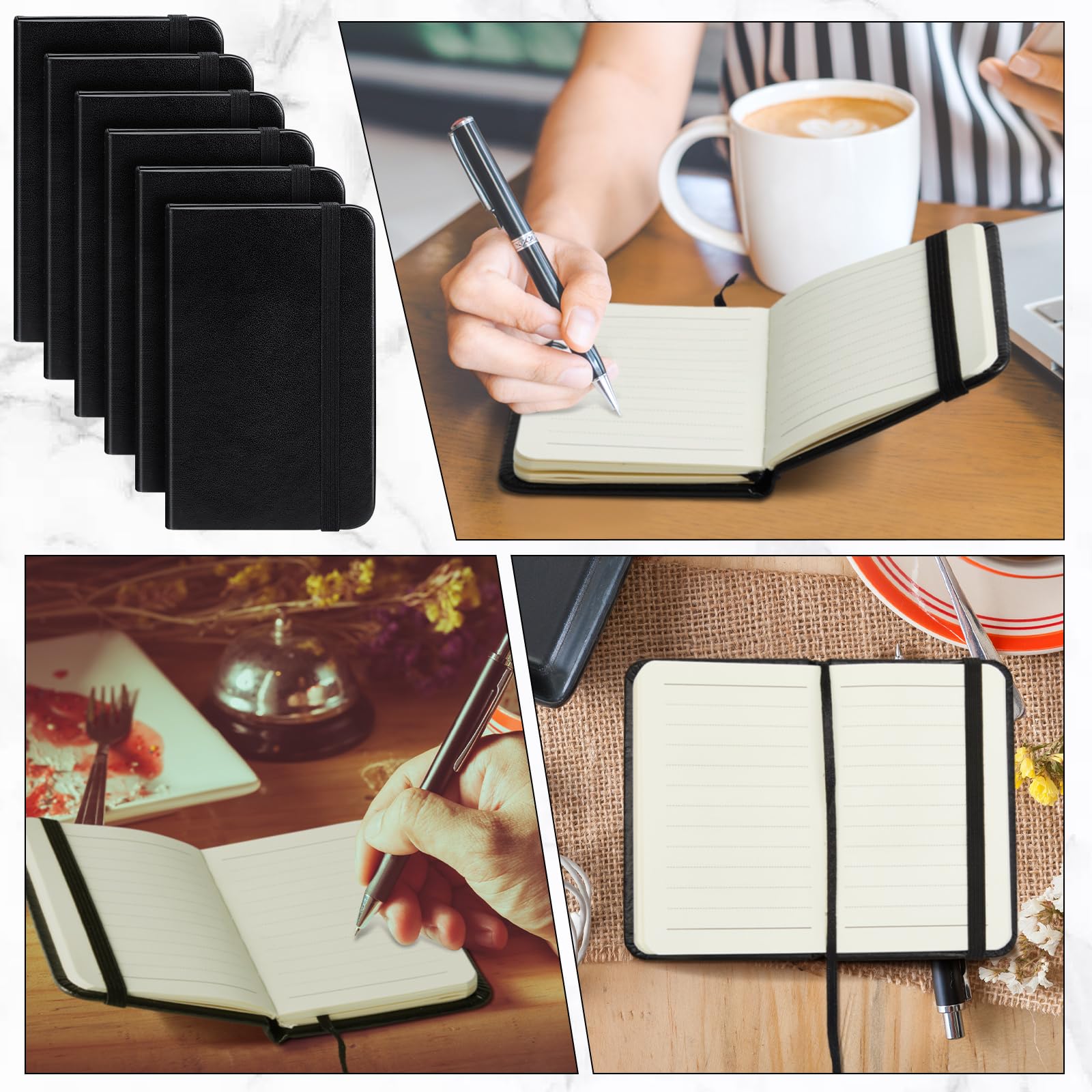 Qeeenar Taschennotizbuch, Hardcover, Leder, 10,2 x 6,3 cm, kleines Notizbuch, 50 Blatt, Hardcover, Mini-Notizblock, winziges liniertes Tagebuch für Büro, Zuhause, Schule, Schreibbedarf (schwarz), 6